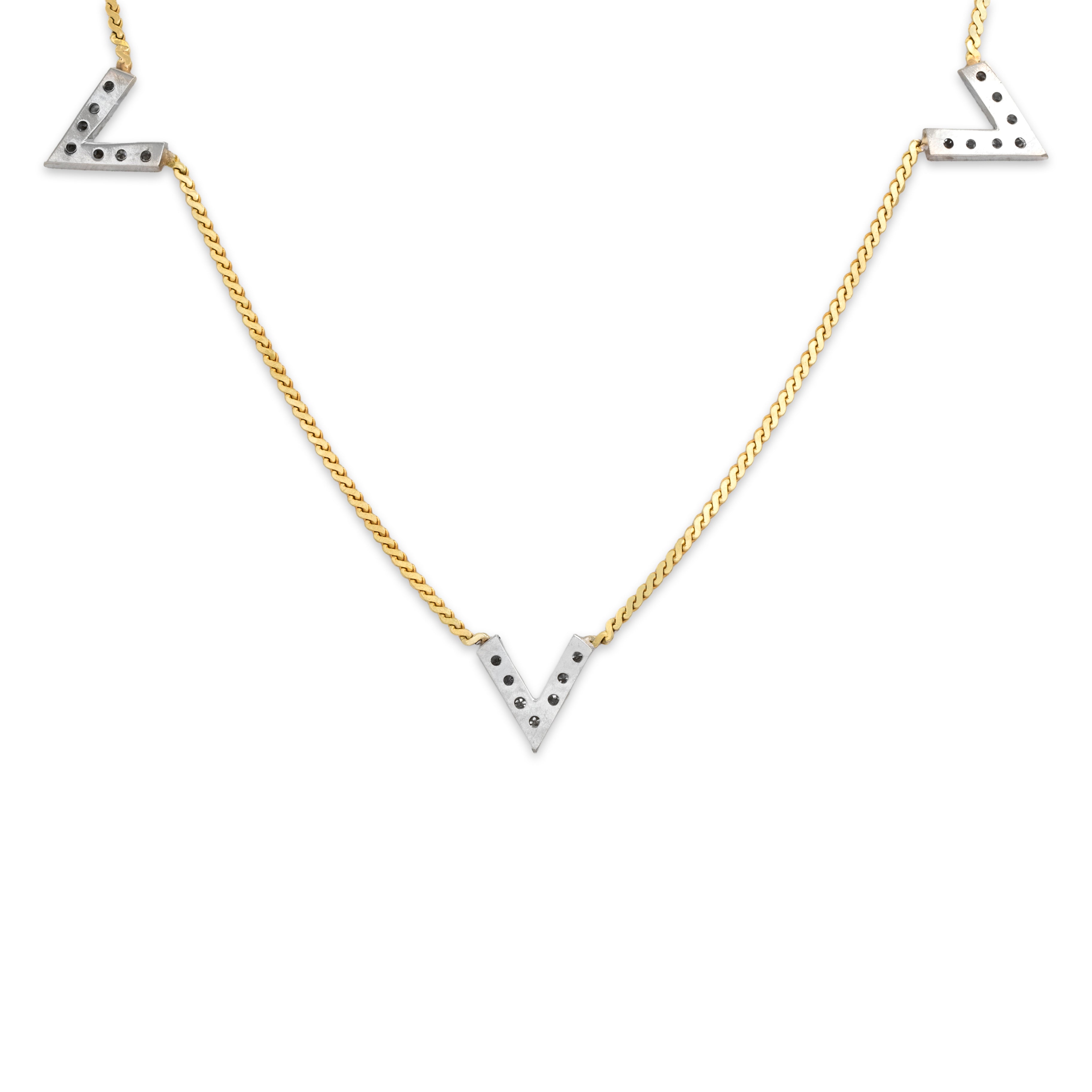 Vintage 14k Yellow & White Gold Diamond Edgy V-Shape Necklace - Back view