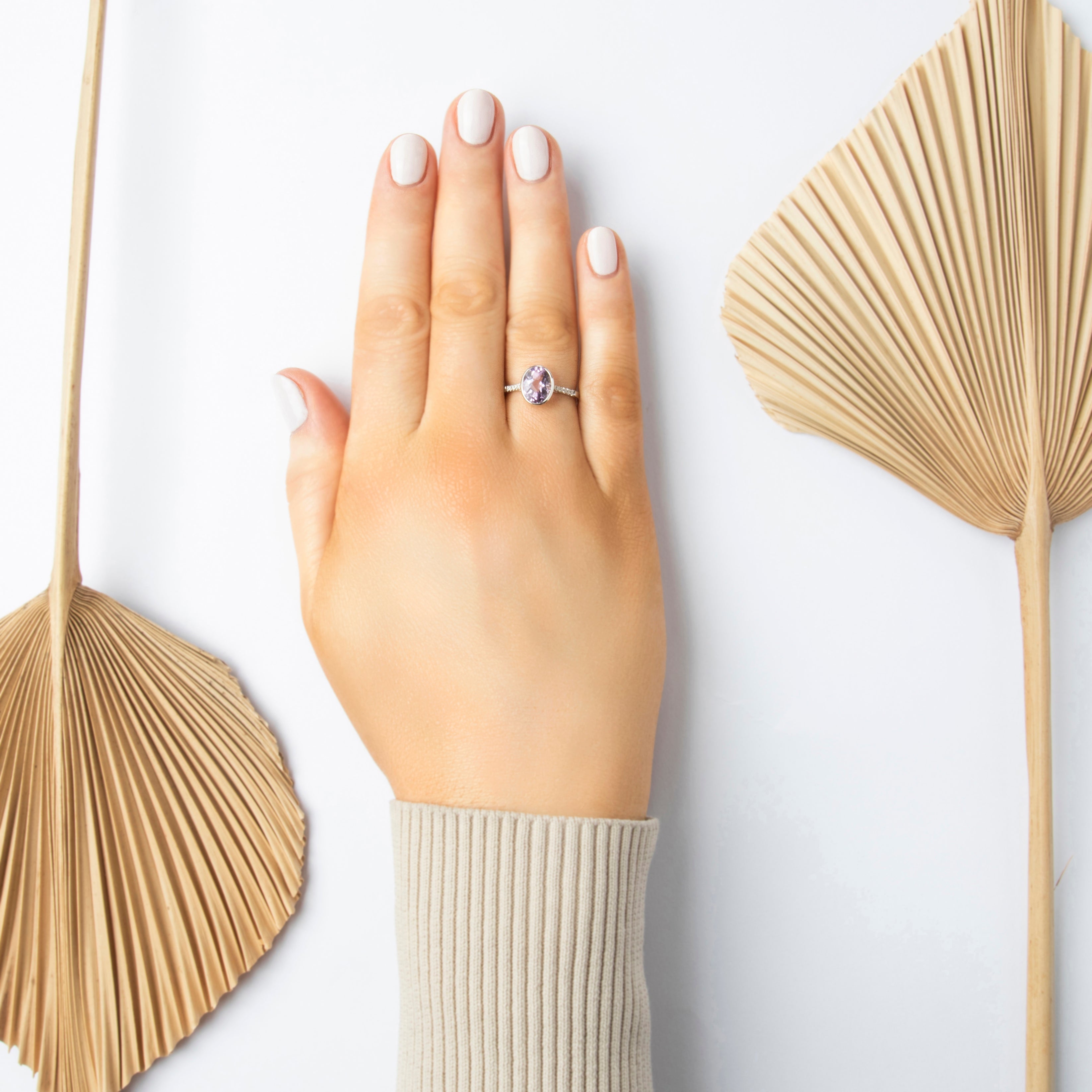 Vintage 14k White Gold Amethyst Diamond Romantic Checkerboard Oval Ring - On model view