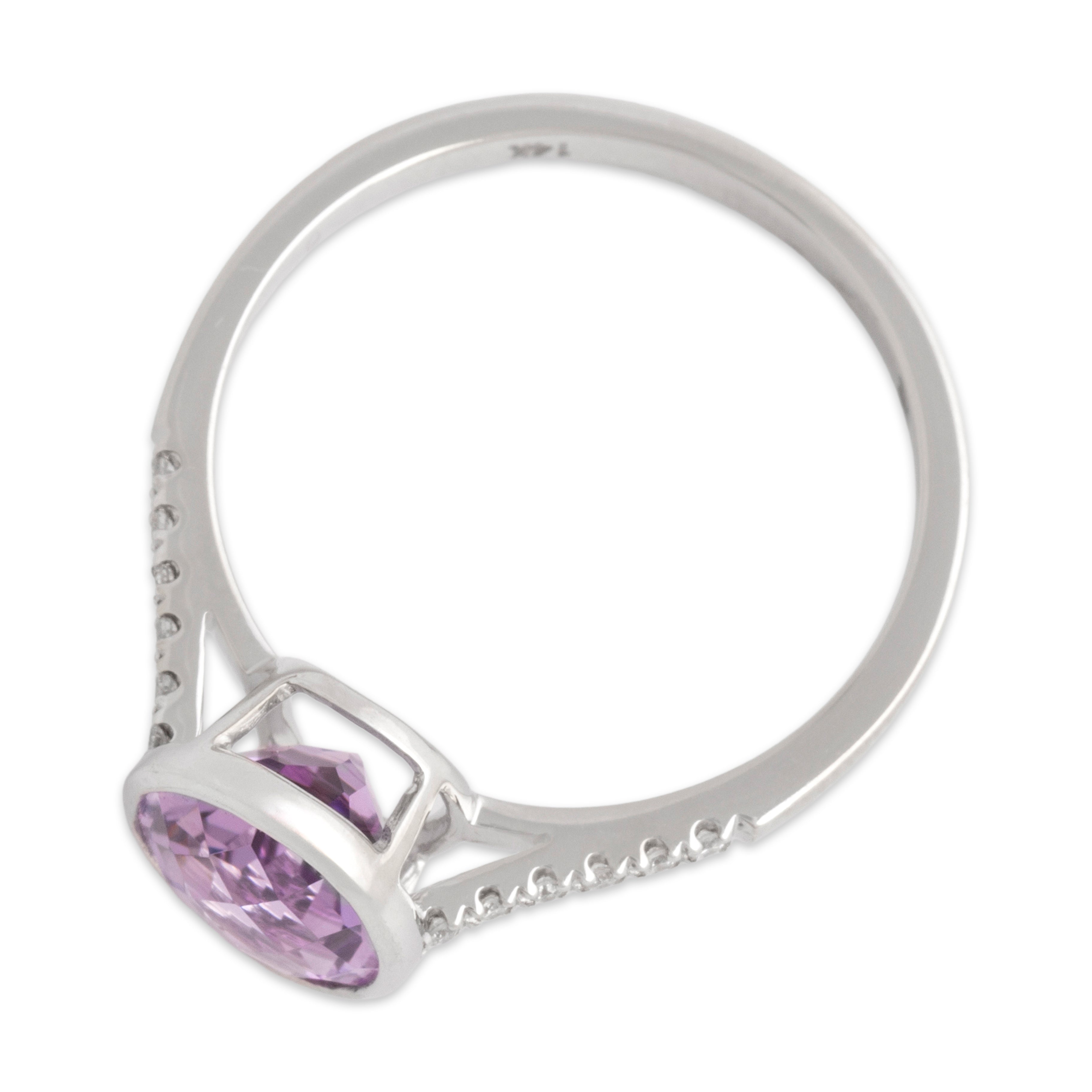 Vintage 14k White Gold Amethyst Diamond Romantic Checkerboard Oval Ring - Overall view