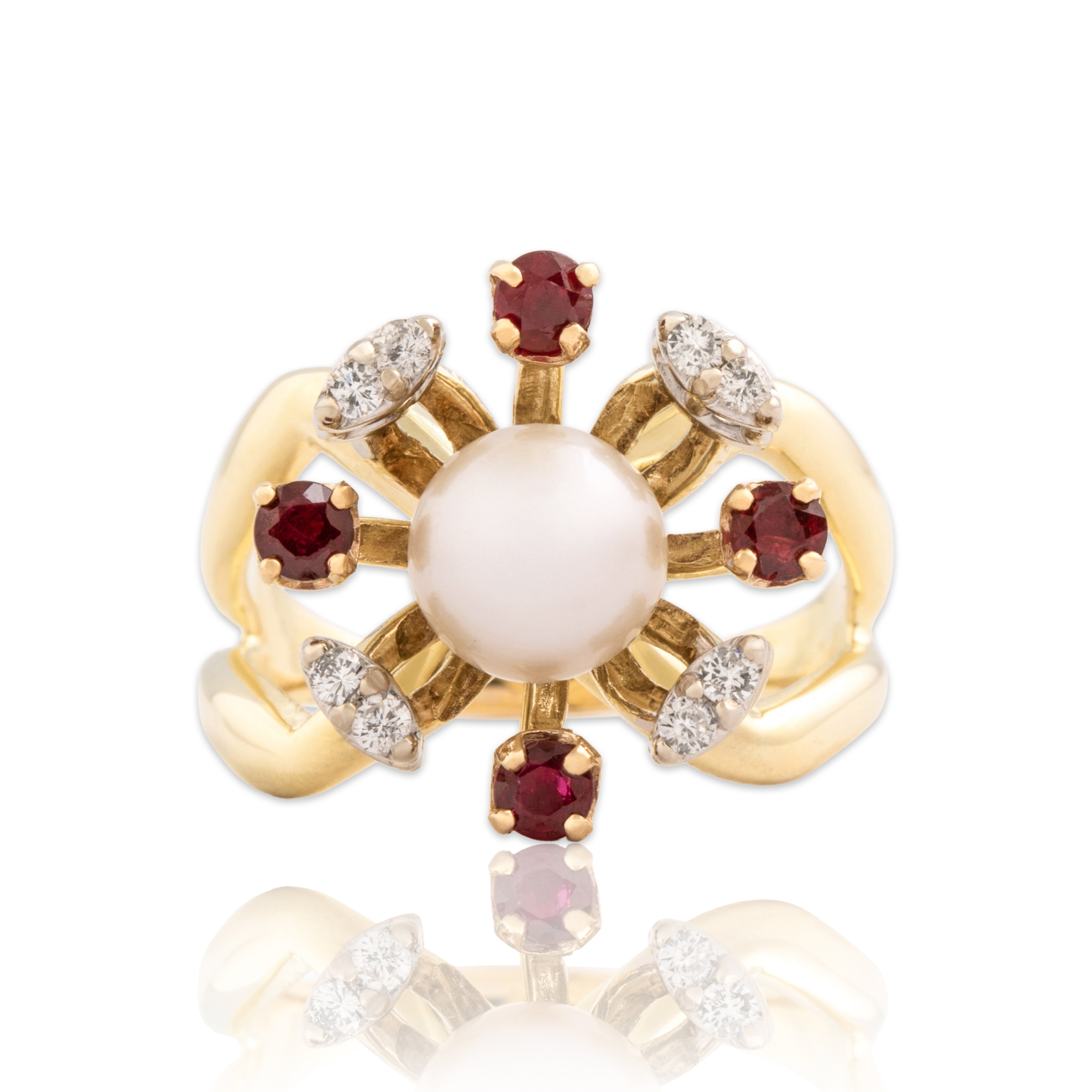 Vintage 14k Yellow & White Gold Pearl Ruby Diamond Abstract Flower Ring 7.75