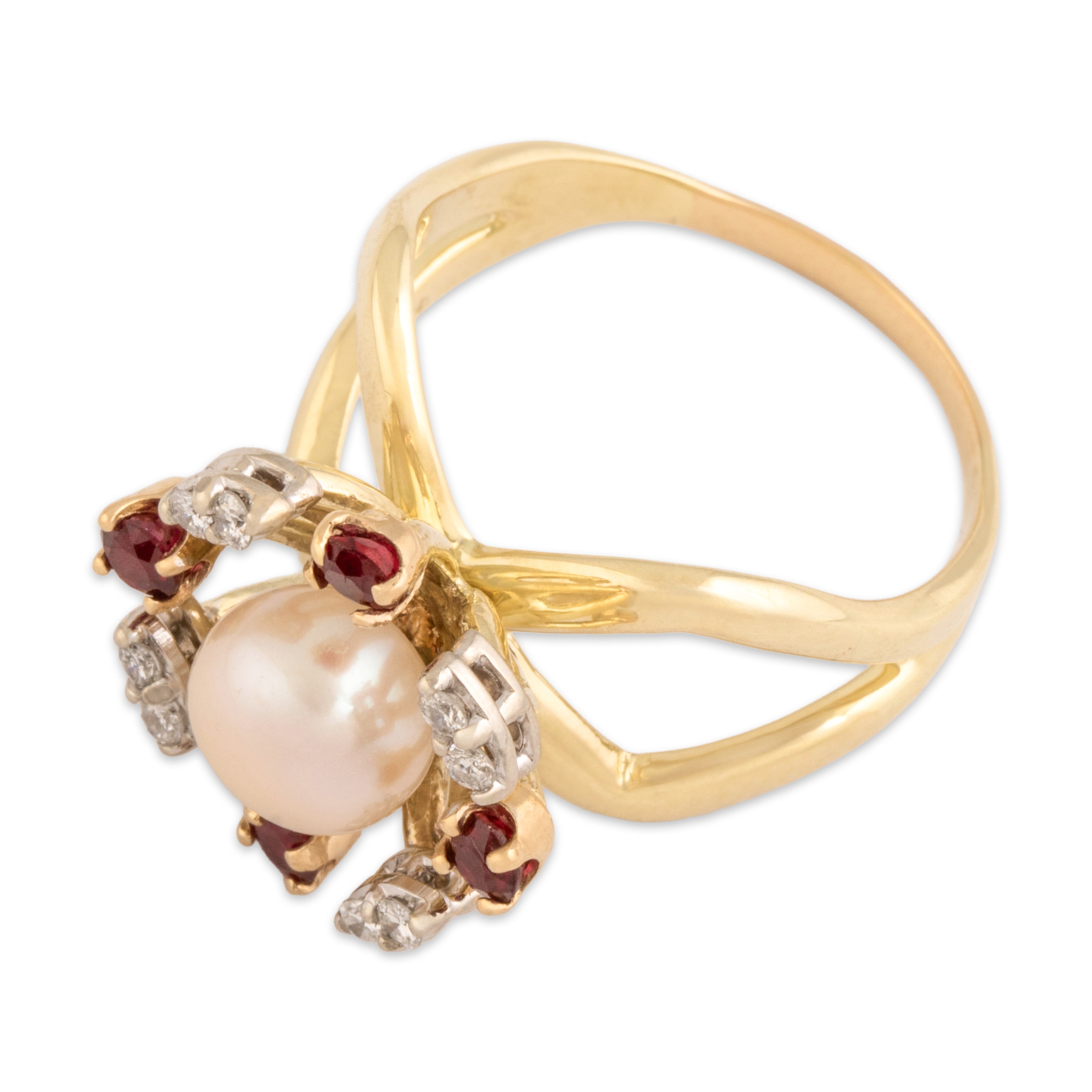 Vintage 14k Yellow & White Gold Pearl Ruby Diamond Criss Cross Abstract Flower Statement Ring - Overall view