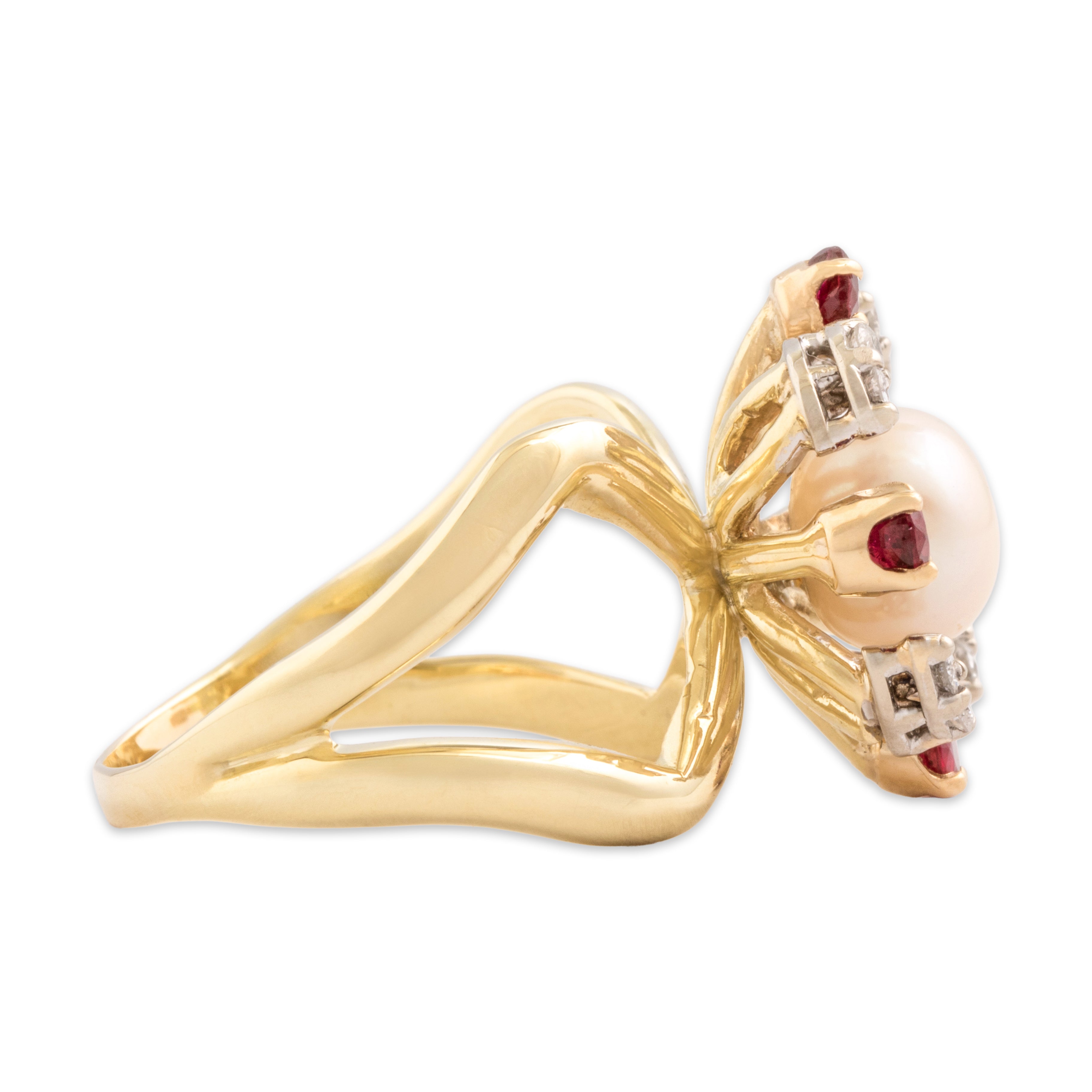 Vintage 14k Yellow & White Gold Pearl Ruby Diamond Criss Cross Abstract Flower Statement Ring - Side view