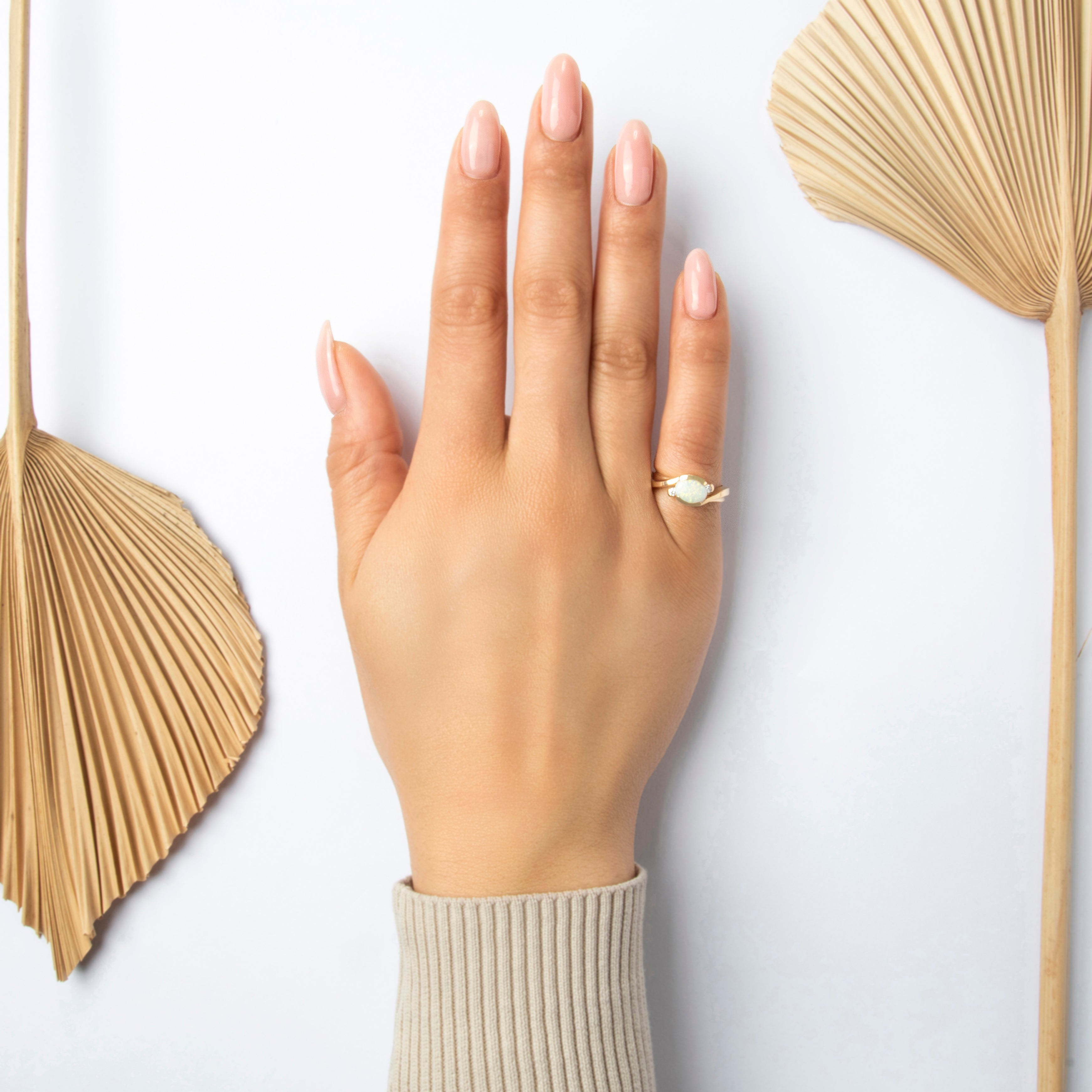 Vintage 14k Yellow Gold Opal Diamond Iridescent Bypass Ring - On model view