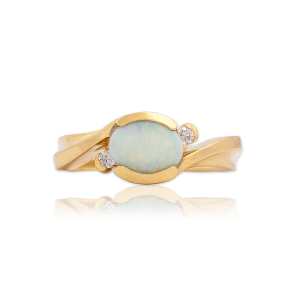 Vintage 14k Yellow Gold Opal Diamond Shimmering Bypass Ring 6.50