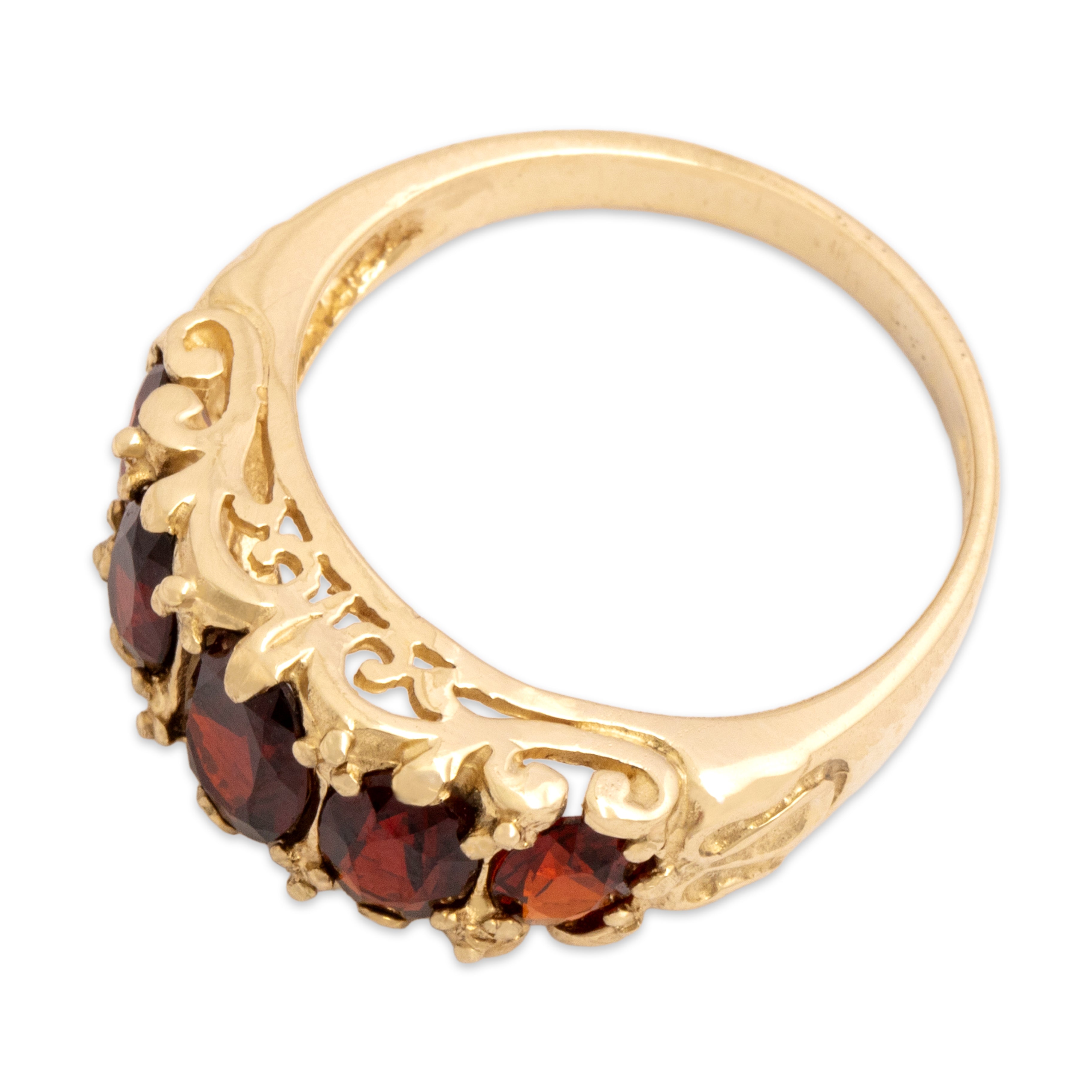 Vintage English 9k Yellow Gold 2.65cttw Garnet Scrolling Crimson Line Ring - Overall view