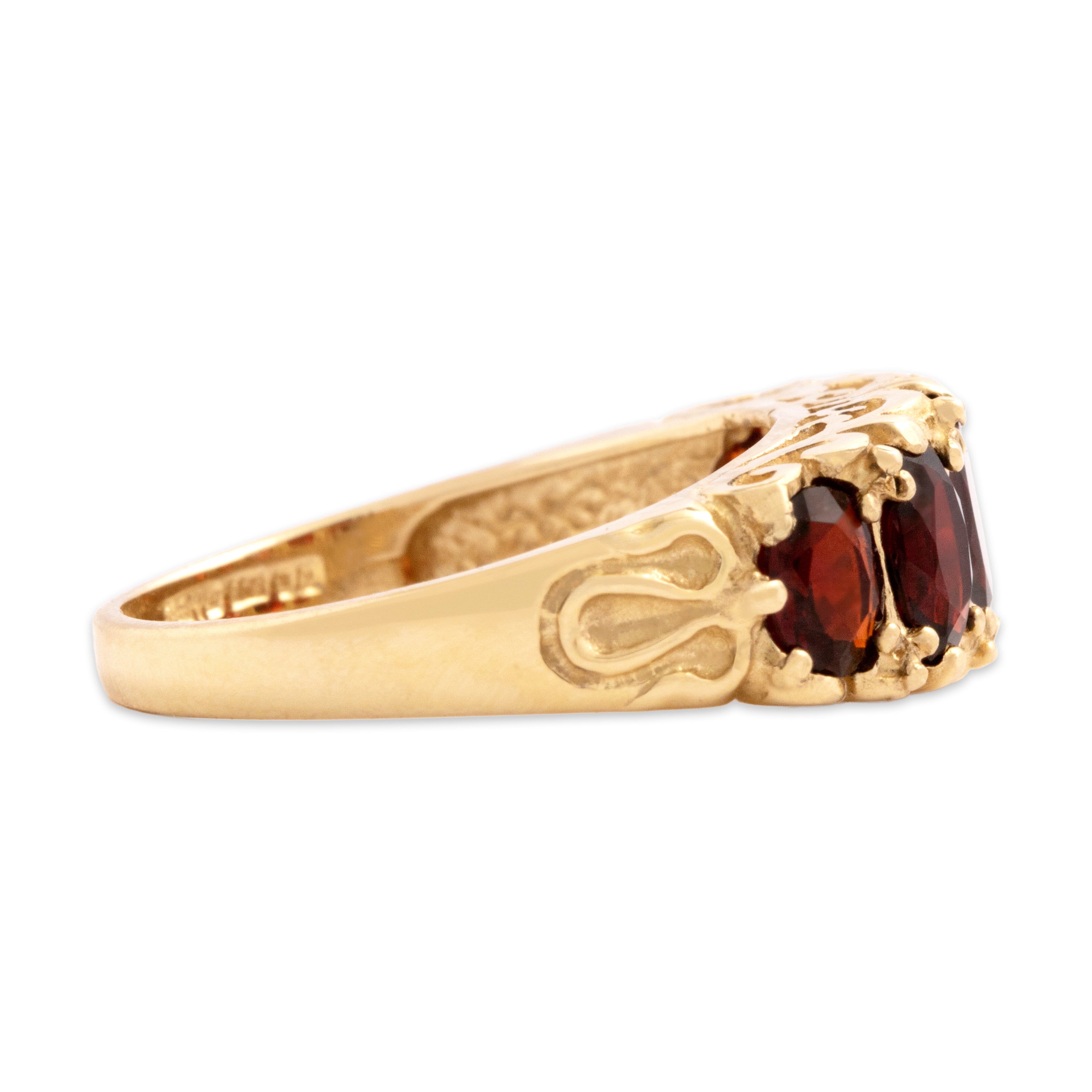 Vintage English 9k Yellow Gold 2.65cttw Garnet Scrolling Crimson Line Ring - Side view