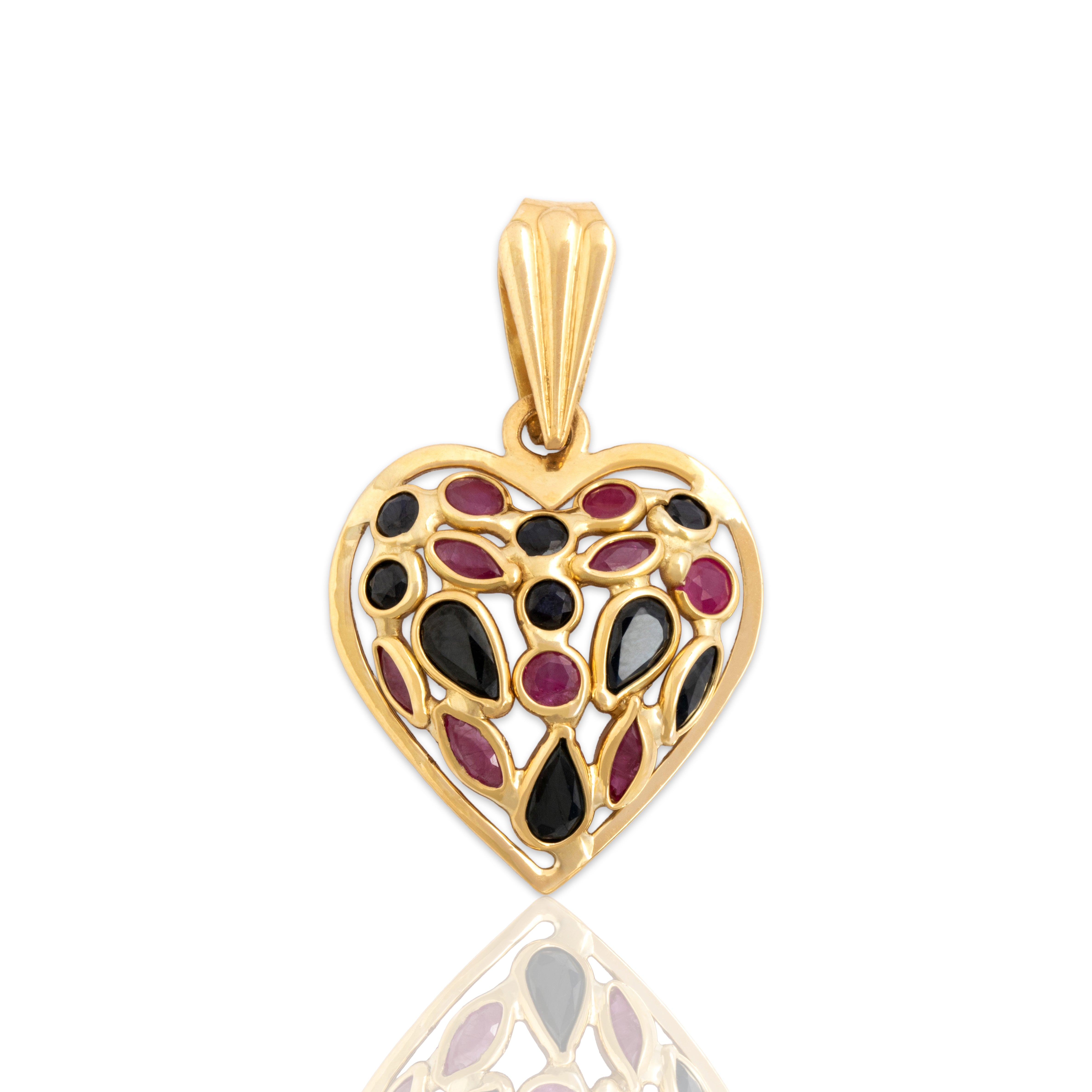 Vintage Italian 18k Yellow Gold .86cttw Dark Blue Sapphire .54cttw Ruby Fantastic Cluster Heart Pendant - Close-up view