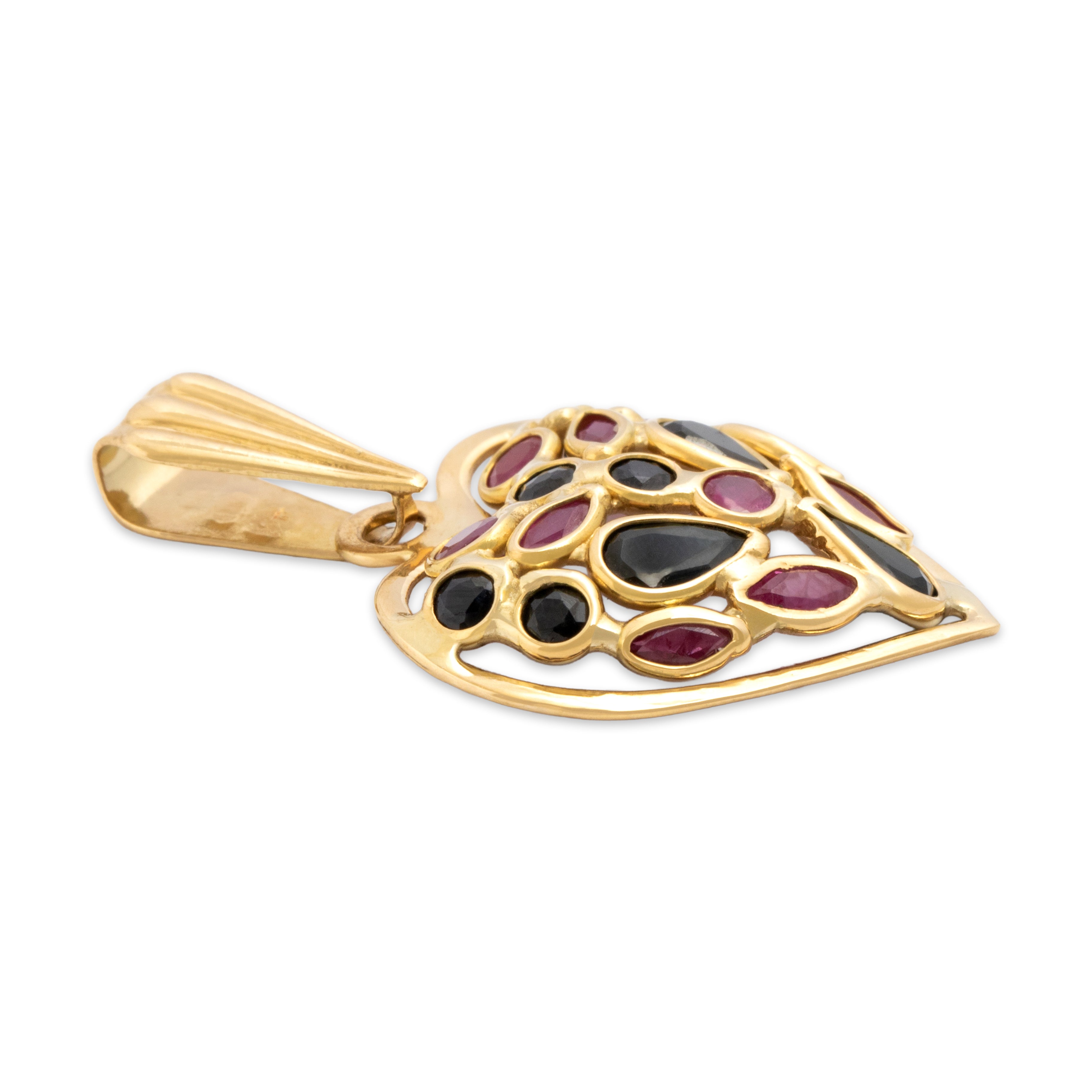 Vintage Italian 18k Yellow Gold .86cttw Dark Blue Sapphire .54cttw Ruby Fantastic Cluster Heart Pendant - Side view