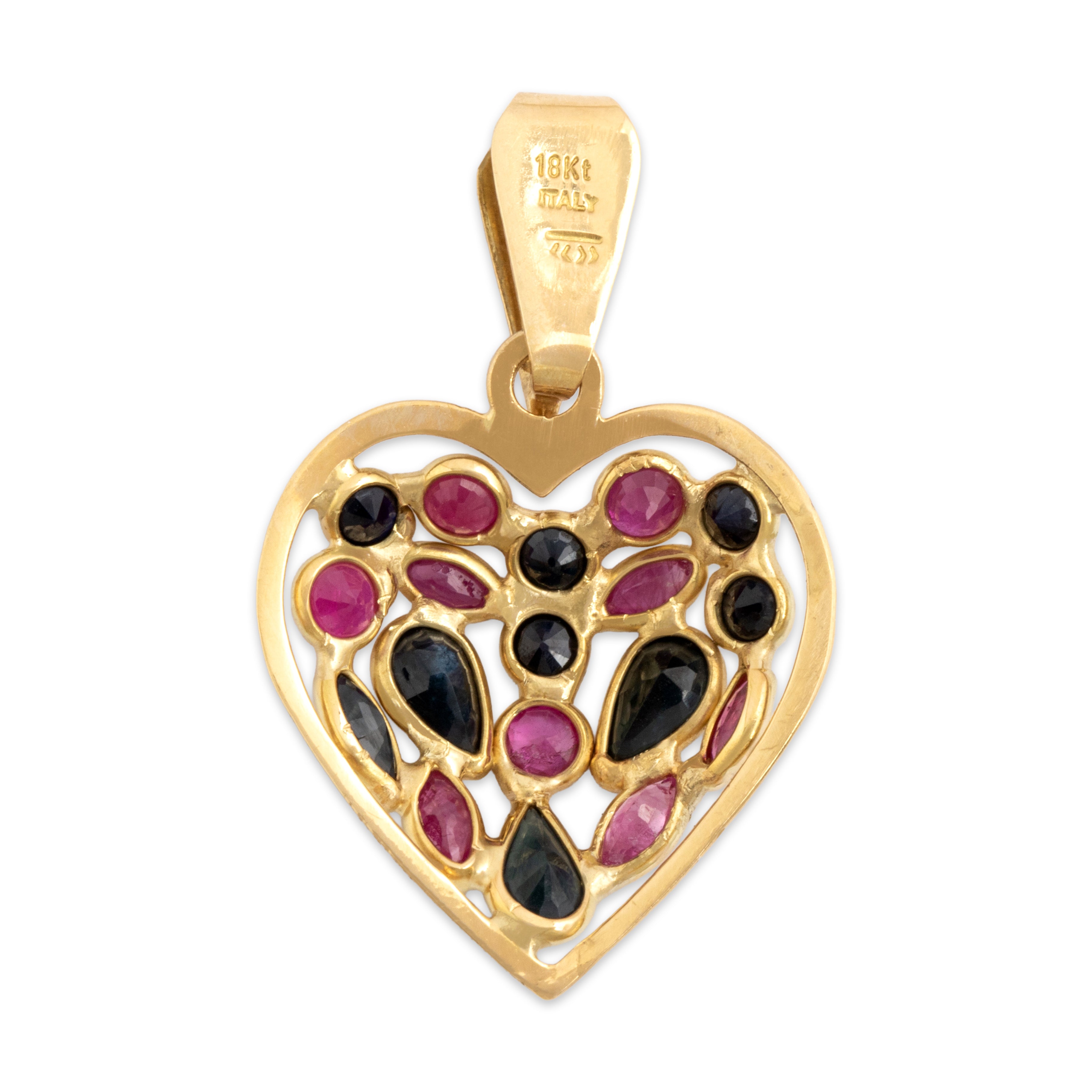 Vintage Italian 18k Yellow Gold .86cttw Dark Blue Sapphire .54cttw Ruby Fantastic Cluster Heart Pendant - Back view