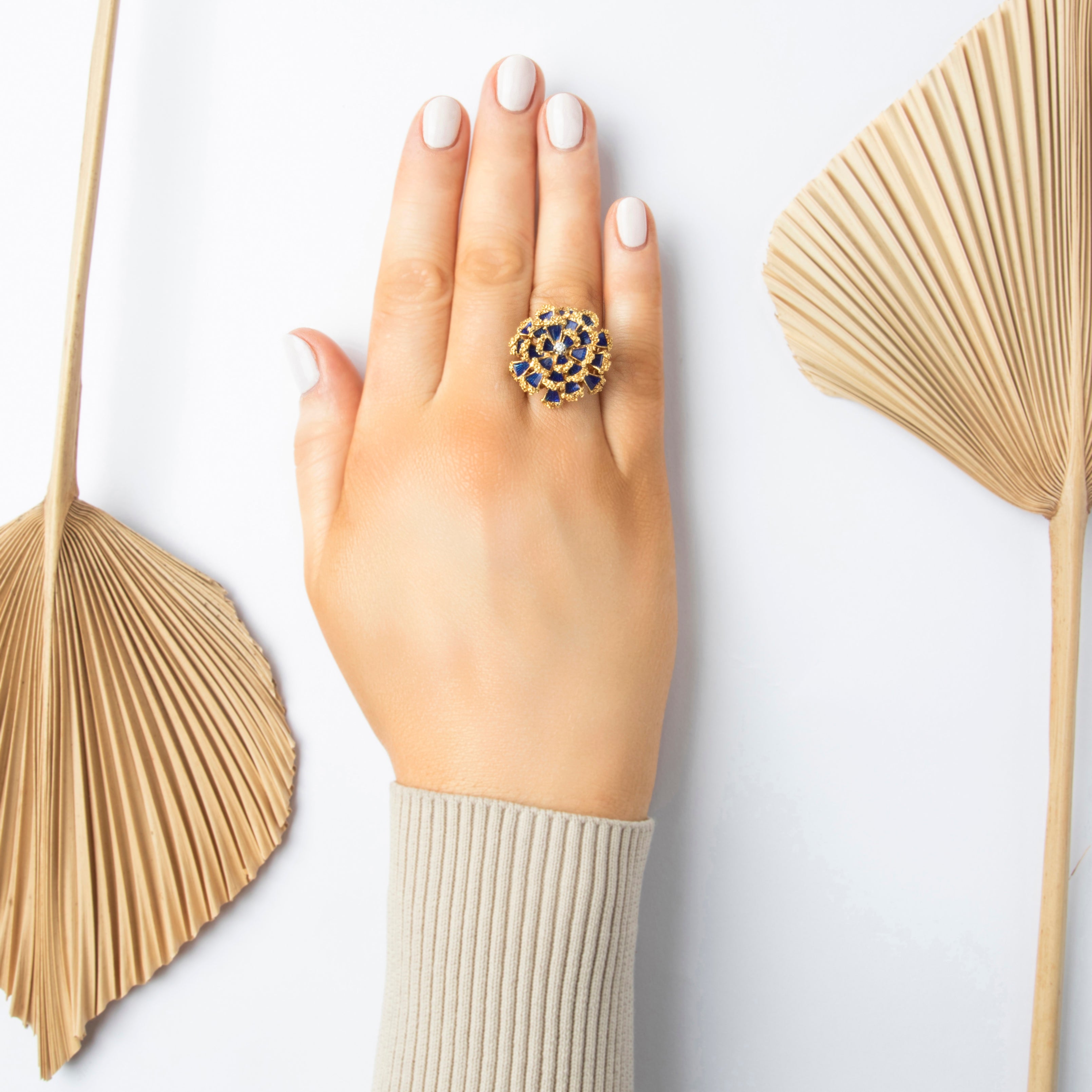 Vintage Heavy Large Textured Blooming Blue Enamel Flower Diamond 18k Yellow Gold Cocktail Ring - On model view