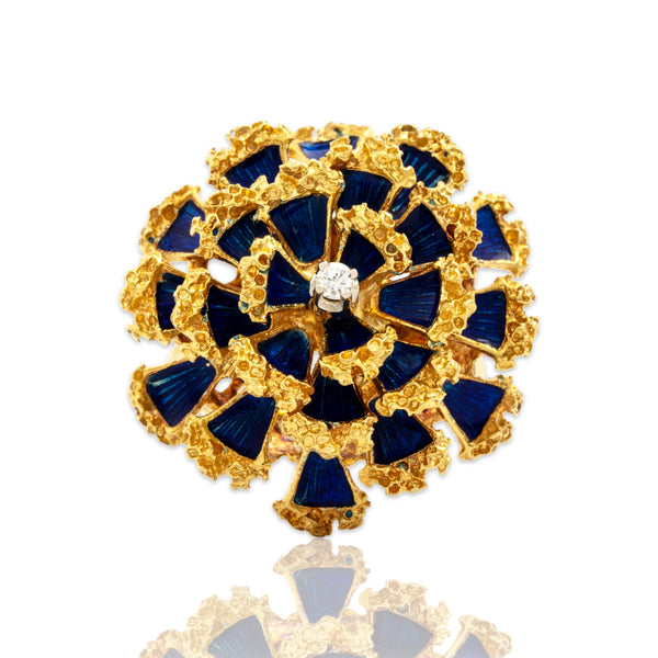 Vintage Heavy 18k Yellow Gold Diamond Textured Enamel Flower Cocktail Ring 6.50
