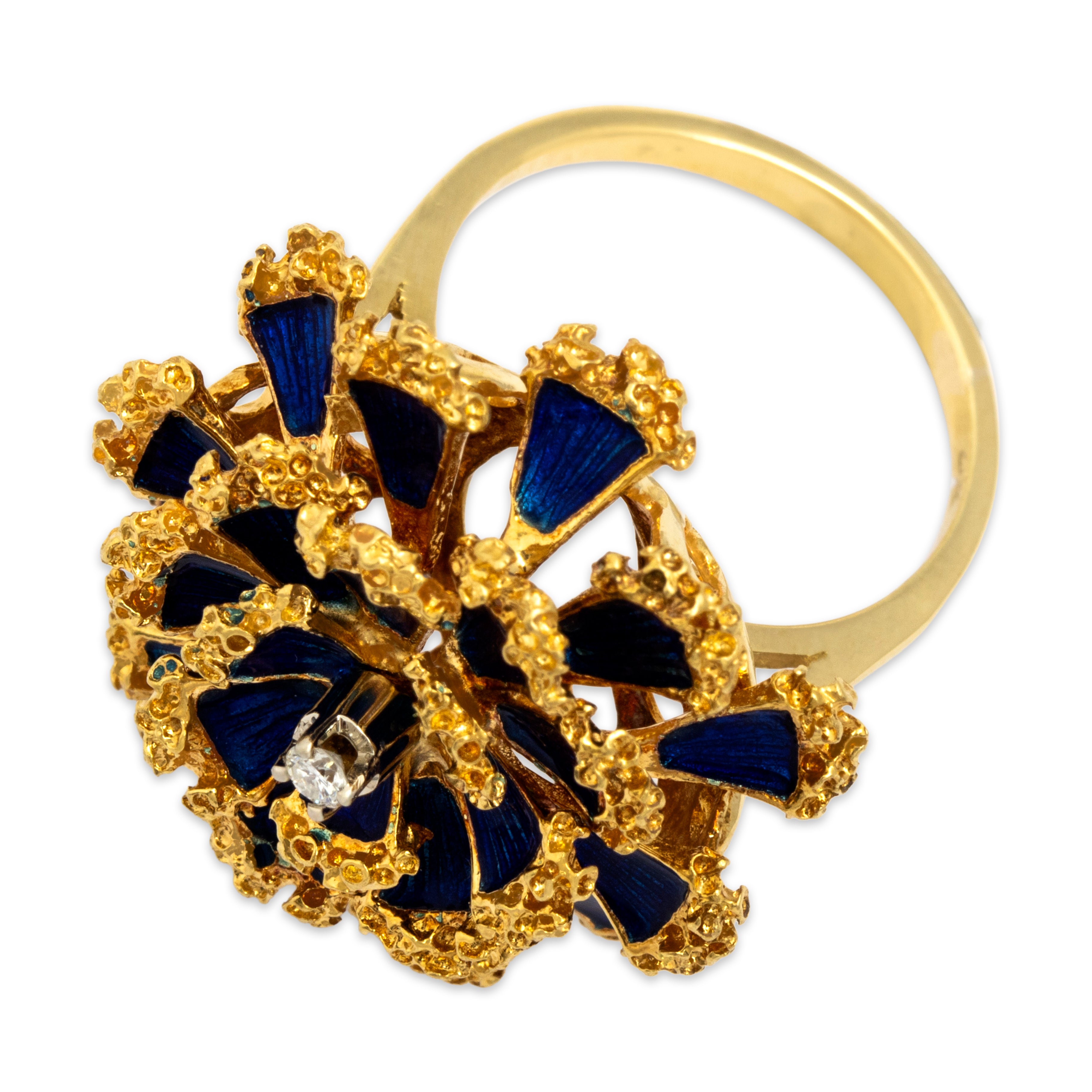Vintage Heavy Large Textured Blooming Blue Enamel Flower Diamond 18k Yellow Gold Cocktail Ring - Overall view
