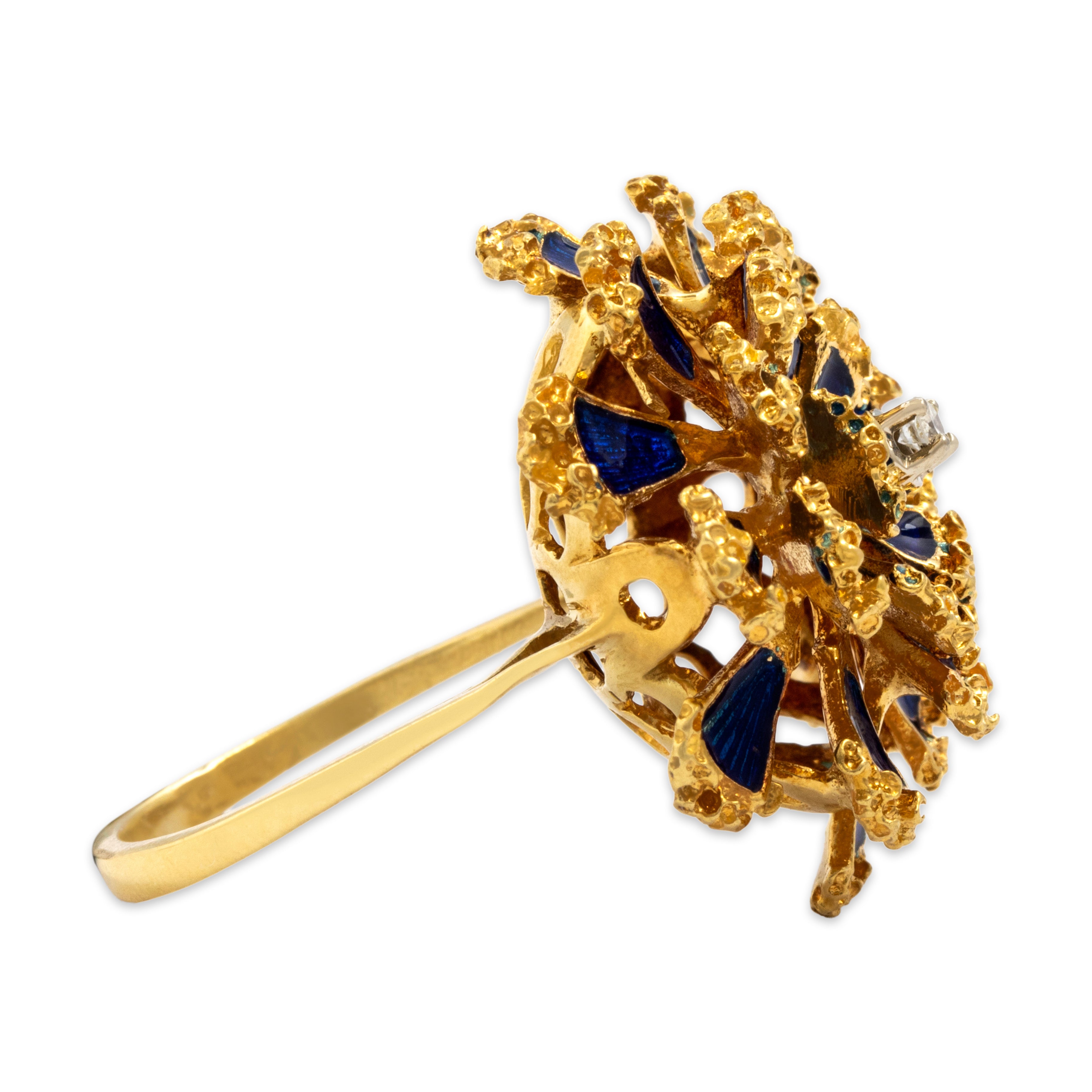 Vintage Heavy Large Textured Blooming Blue Enamel Flower Diamond 18k Yellow Gold Cocktail Ring - Side view