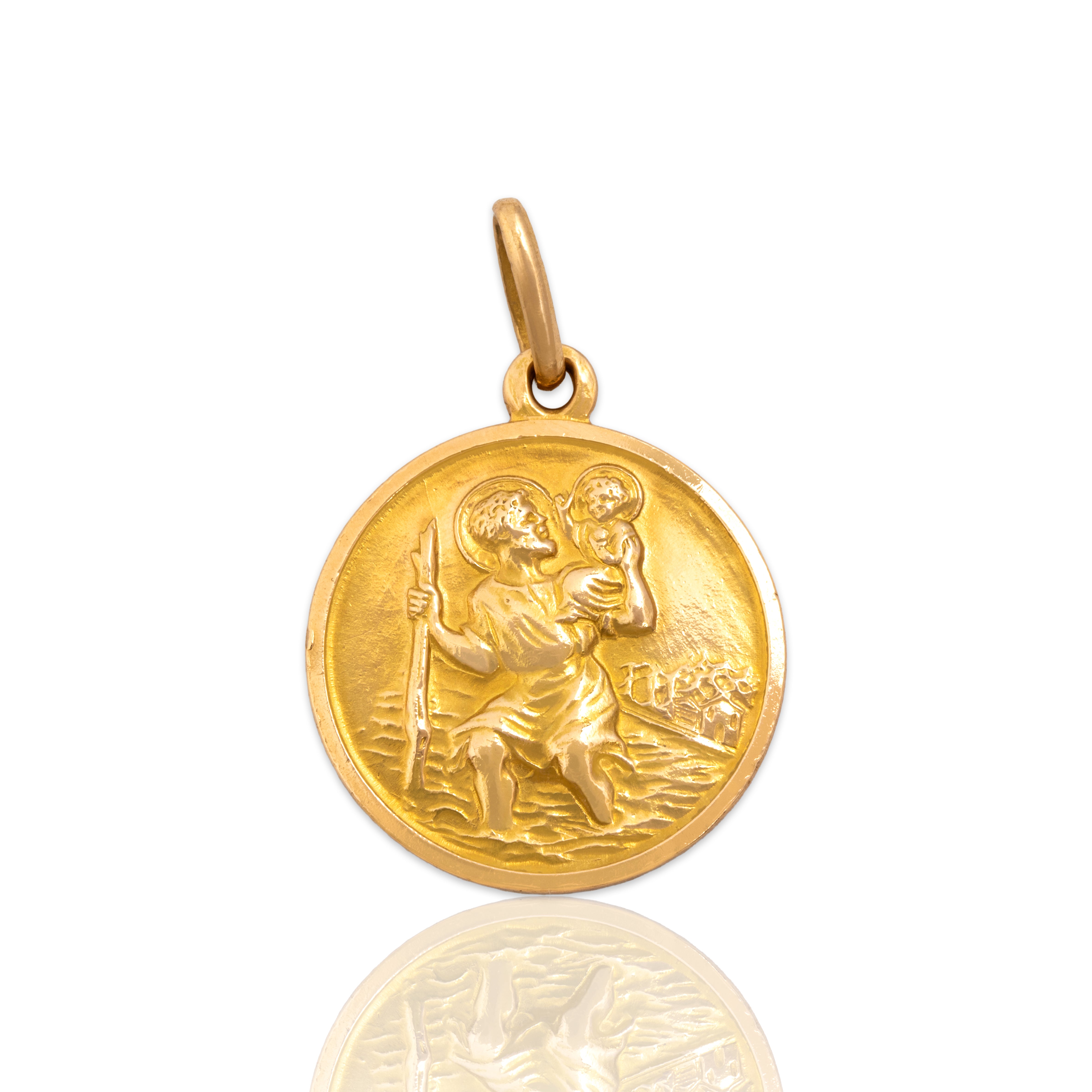 Antique Italian Heavy 18k Yellow Gold St. Christopher Travel Medallion Charm / Pendant - Close-up view