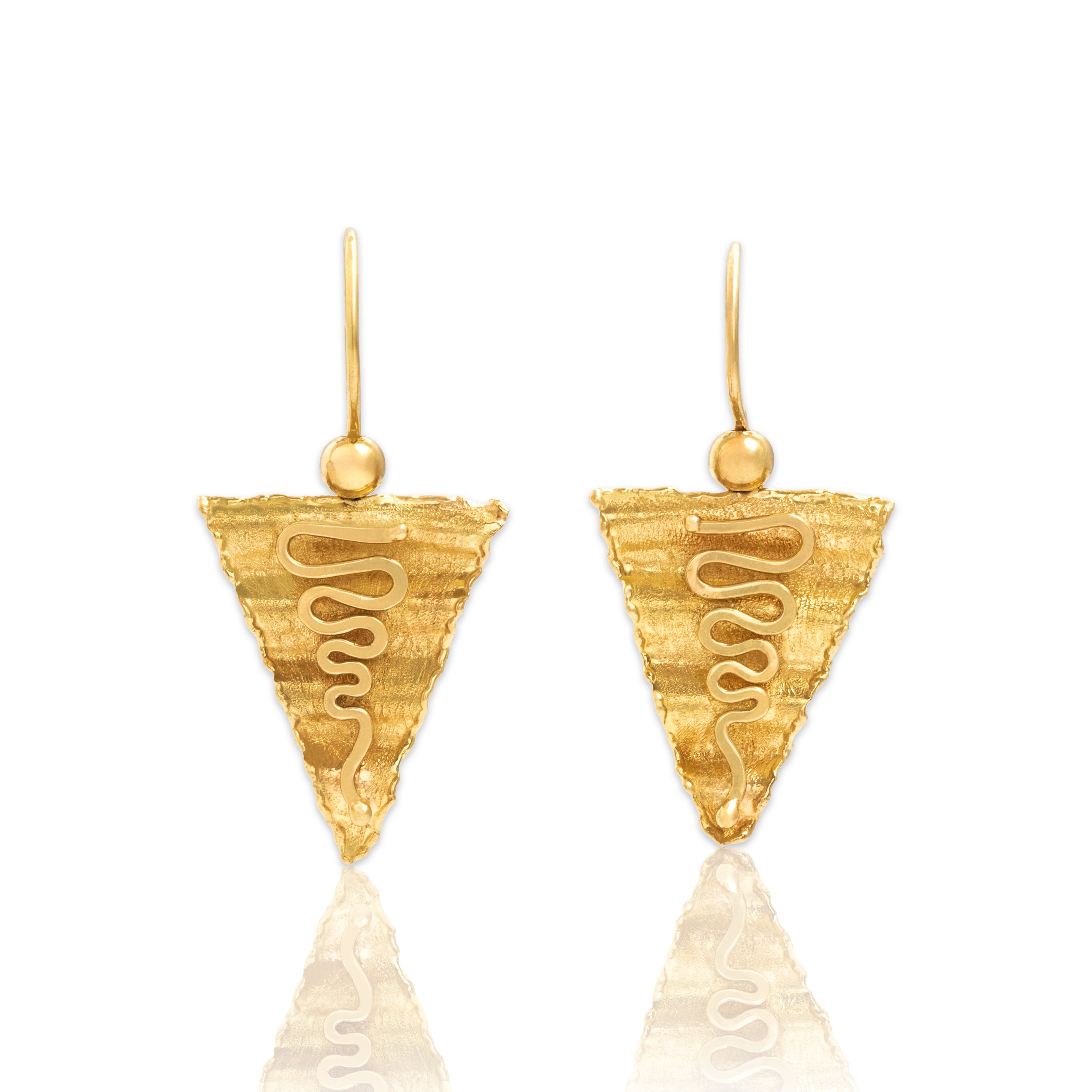 Vintage Italian 18k Yellow Gold Funky Artistic Wiggly Triangle Drop Earrings - Close-up view