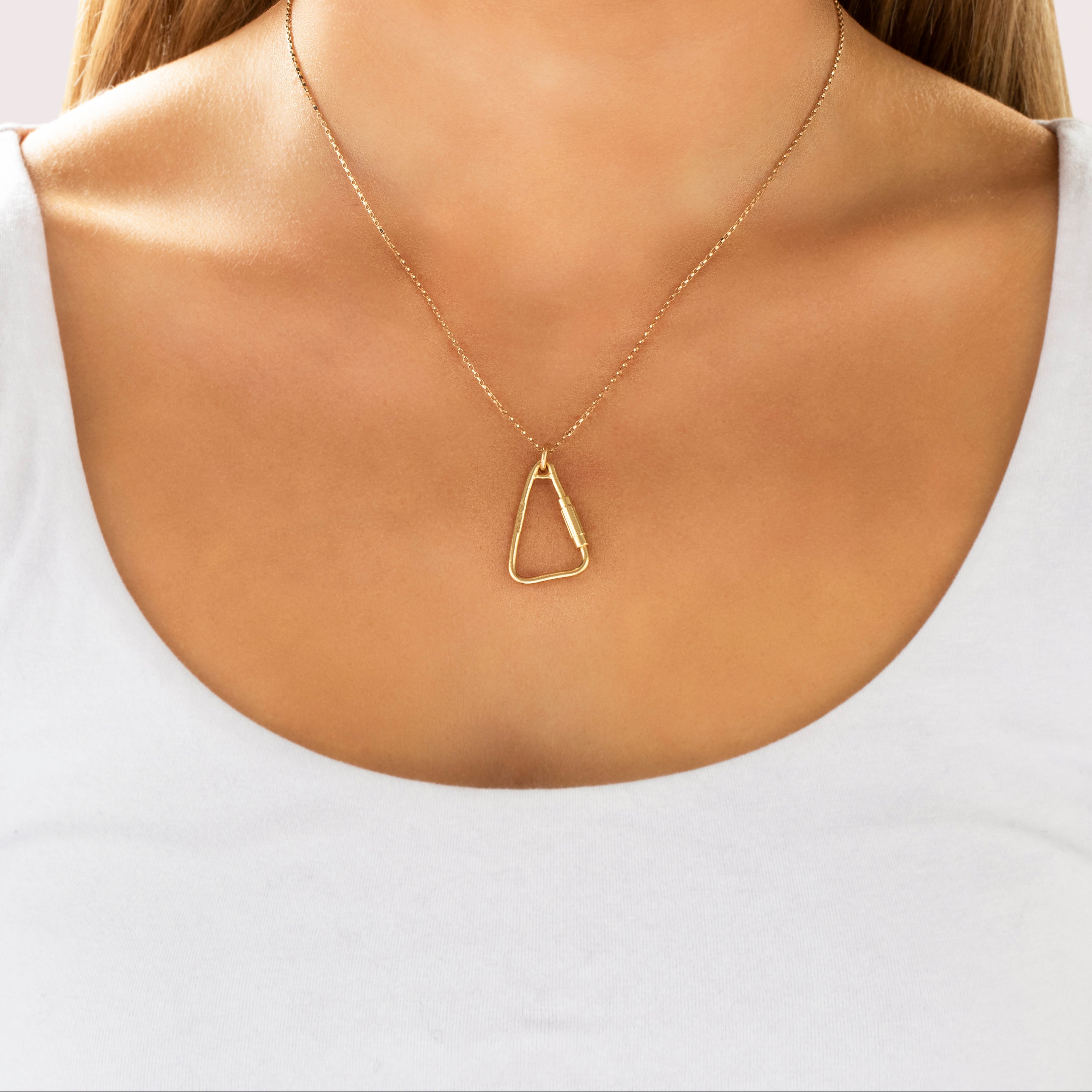 Vintage Italian Heavy Large Triangle Carabiner Clip Charm / Pendant 18k Yellow Gold - On model view