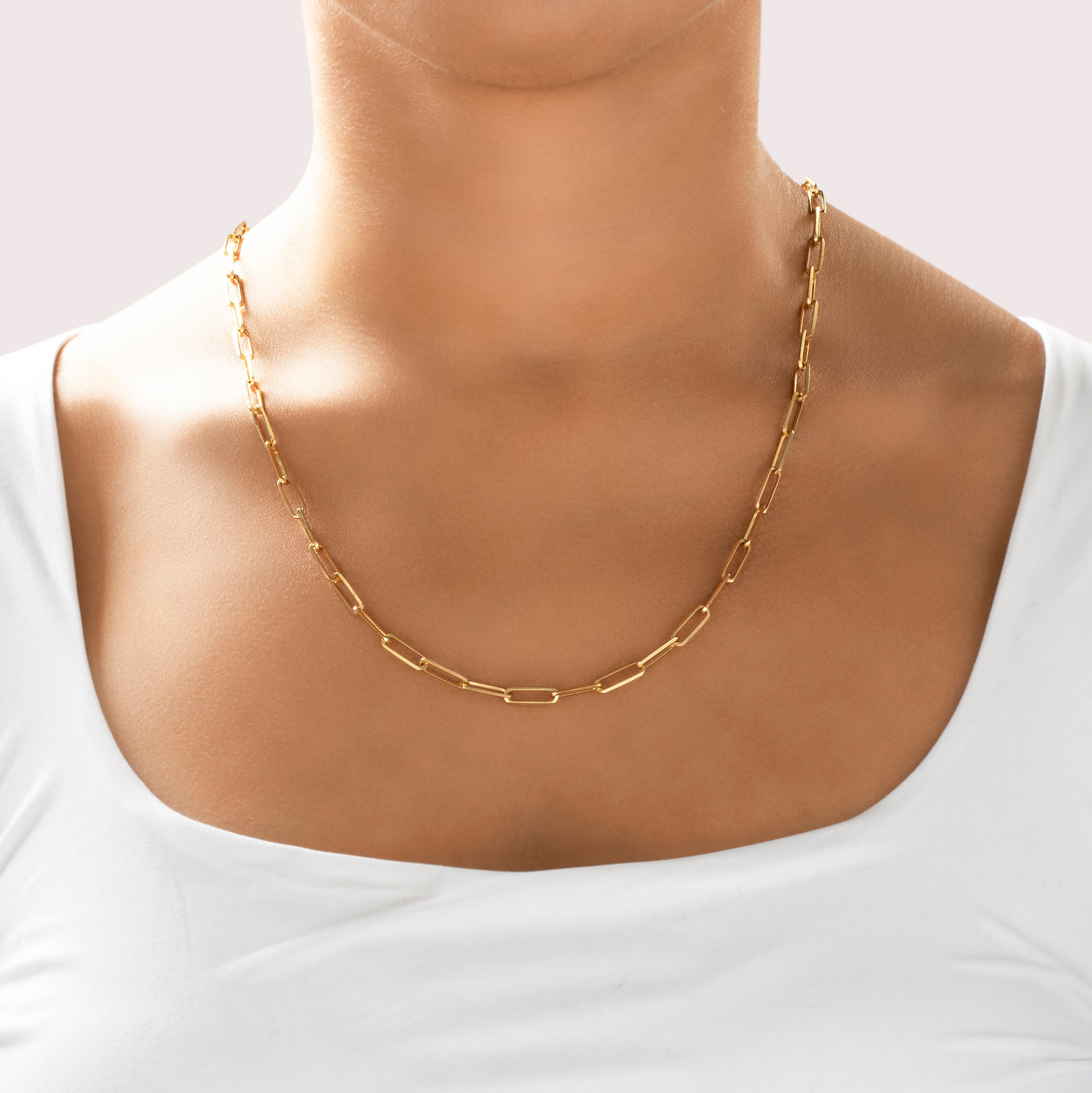 Vintage 14k Yellow Gold Chic Long Paperclip Link Necklace - On model view