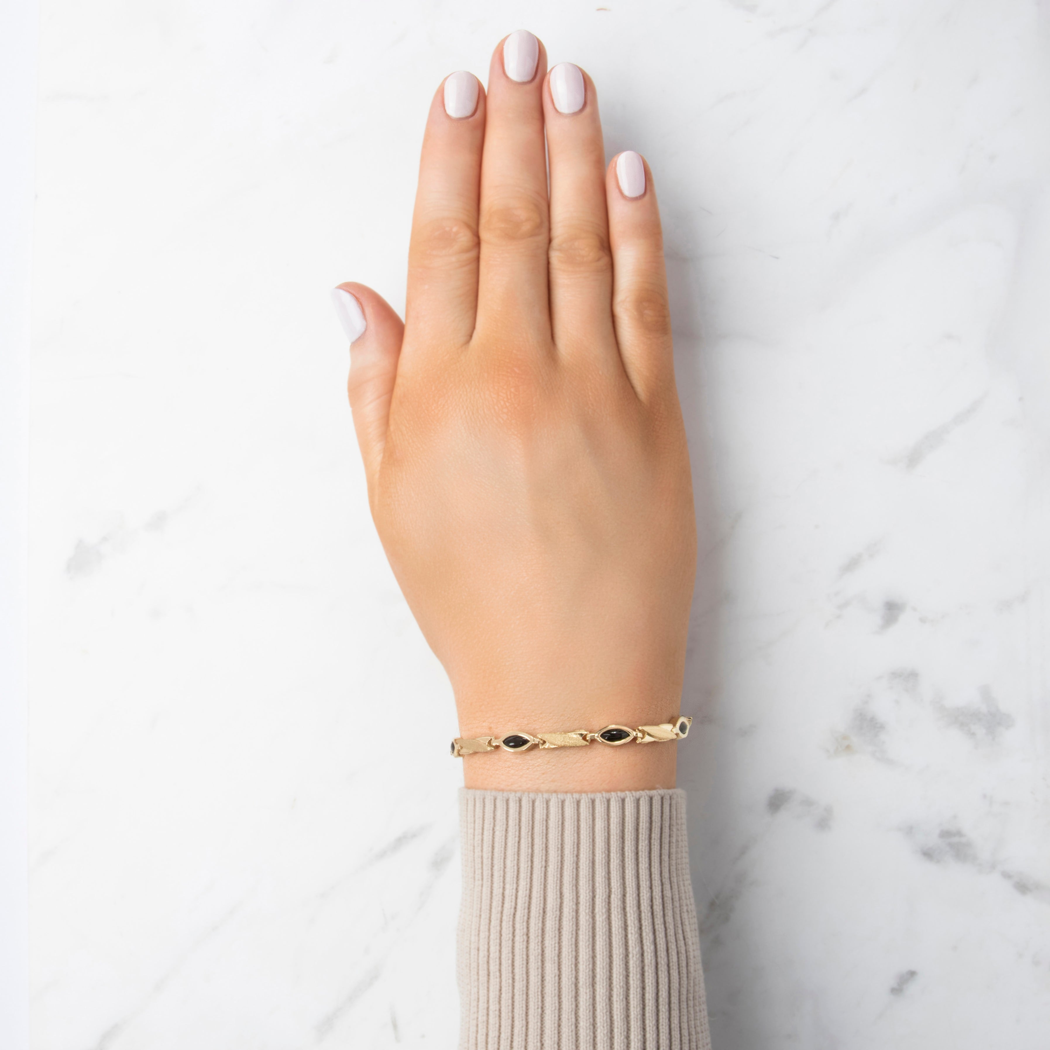 Vintage 14k Yellow Gold 3.16cttw Onyx Striking Navette Brushed Link Bracelet - On model view