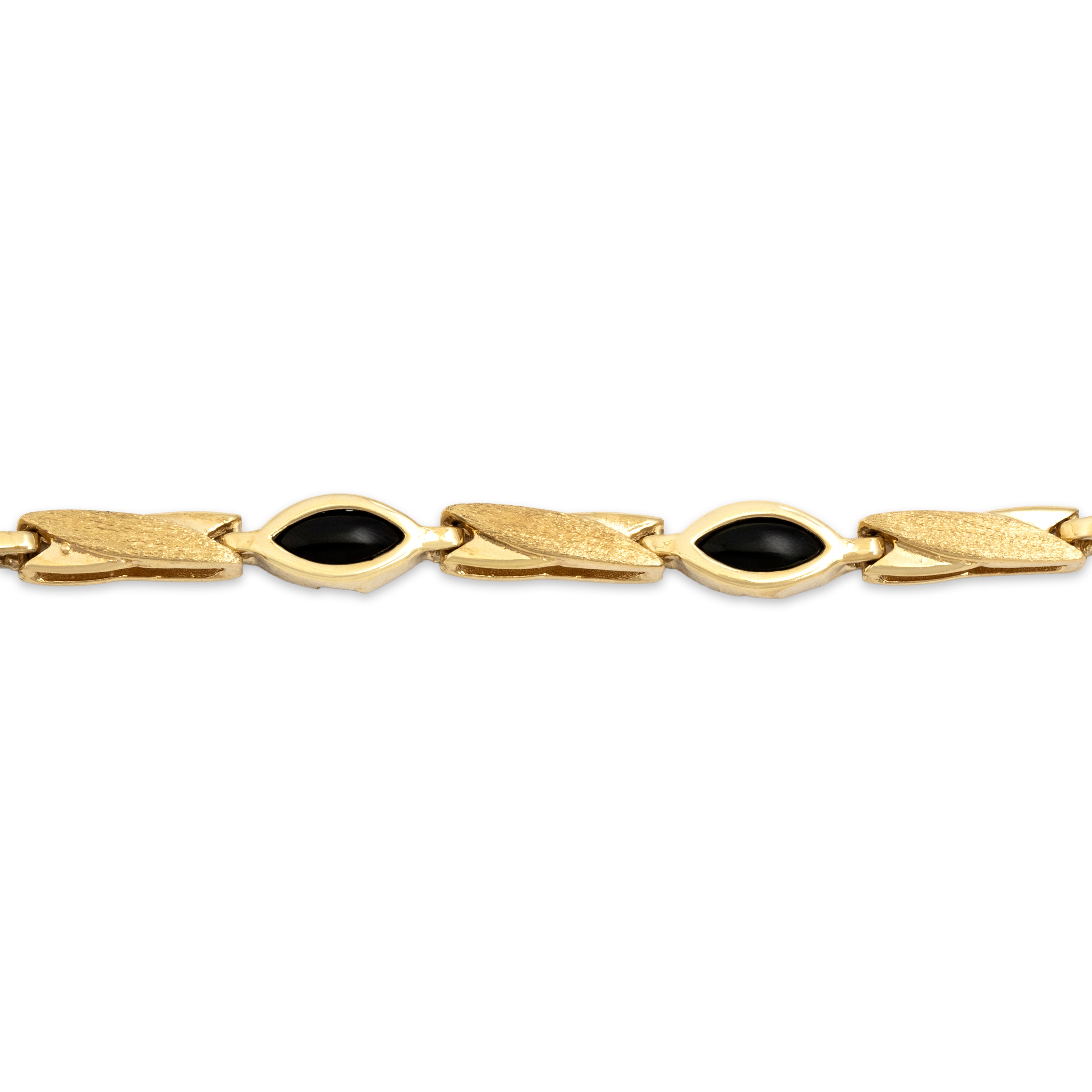 Vintage 14k Yellow Gold 3.16cttw Onyx Striking Navette Brushed Link Bracelet - Close-up view