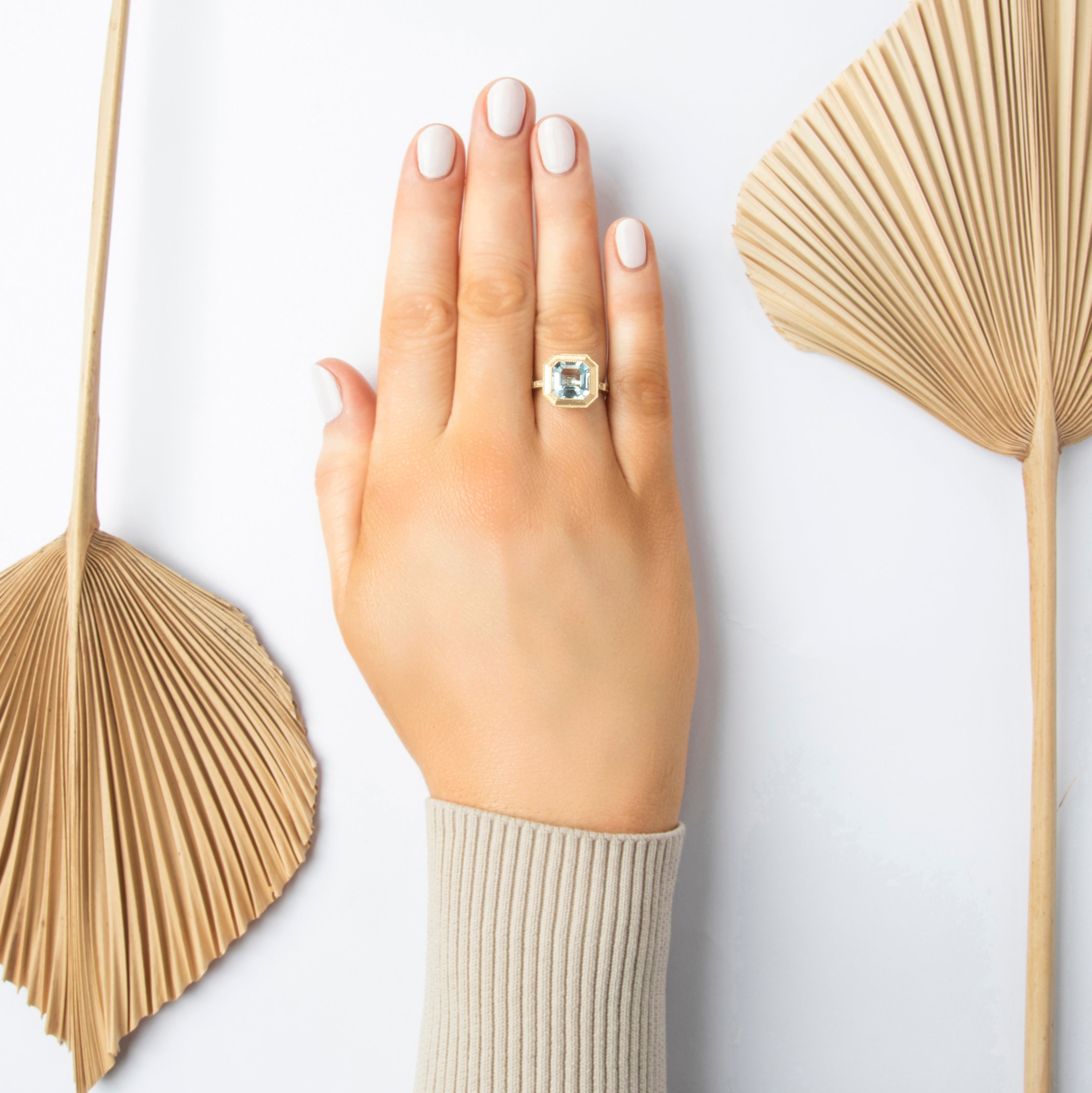 Estate 14k Yellow Gold 3.61ct Blue Topaz Diamond Chic Brushed Square Milgrain Ring - On model view