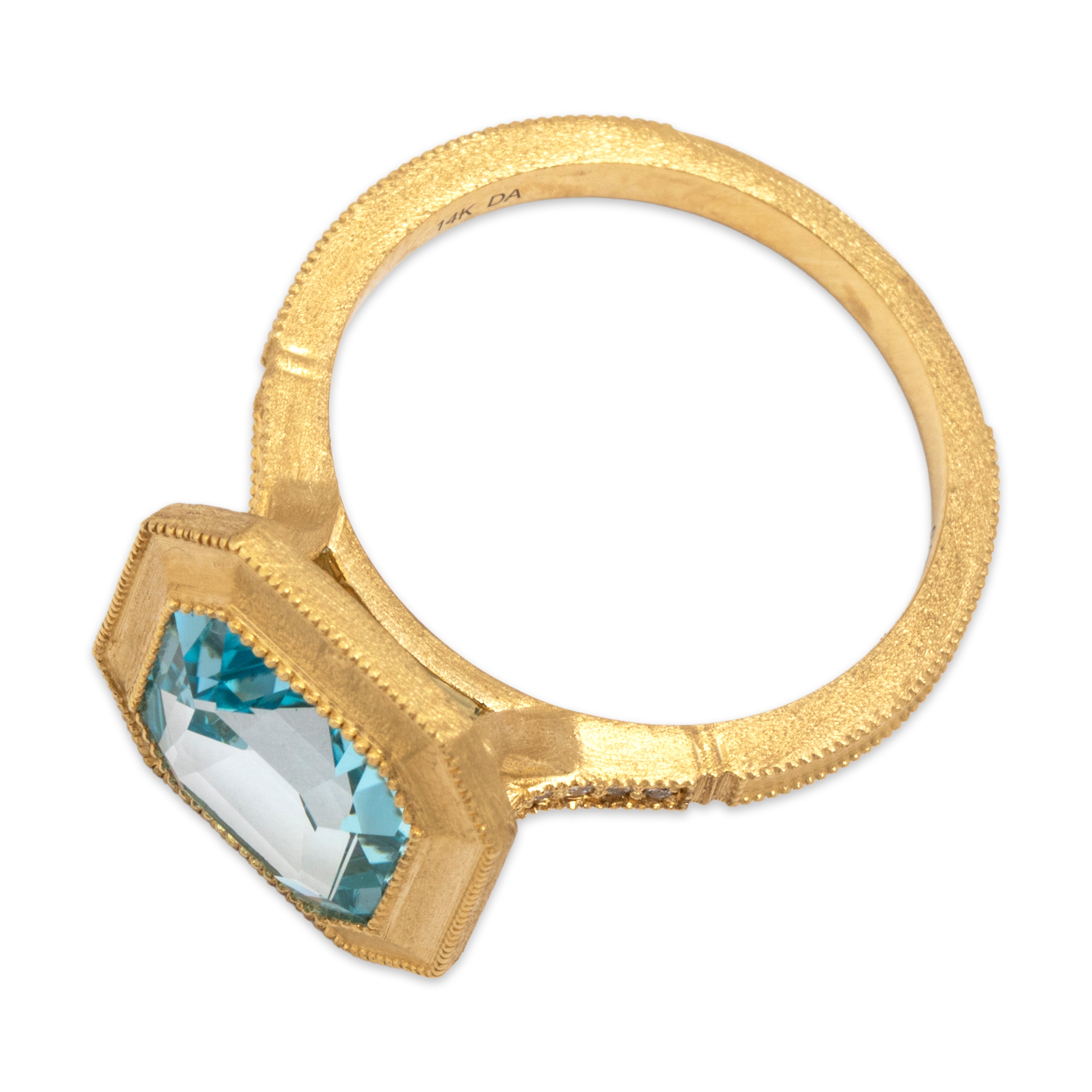 Estate 14k Yellow Gold 3.61ct Blue Topaz Diamond Chic Brushed Square Milgrain Ring - Overall view