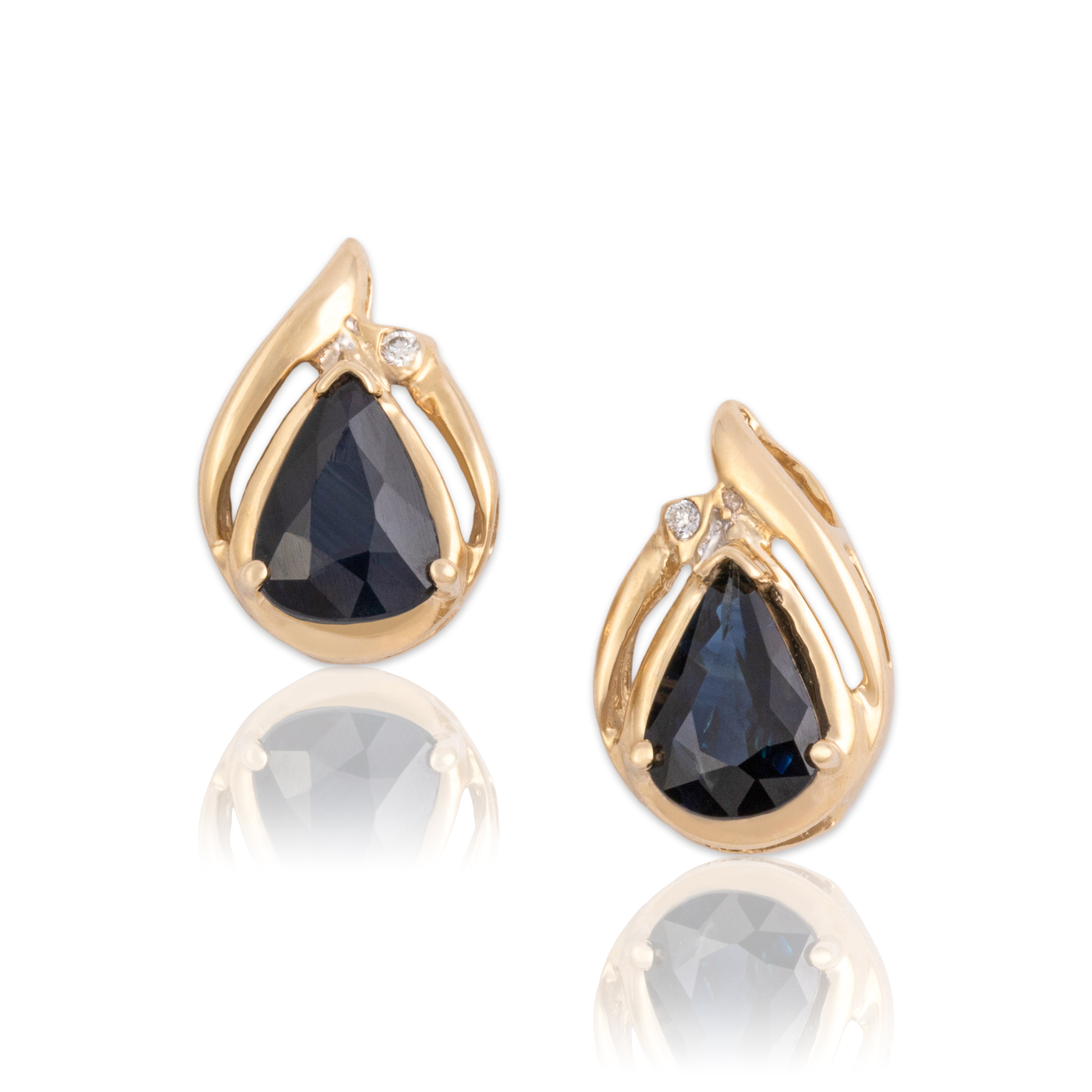 Vintage 14k Yellow Gold 1.33cttw Dark Blue Sapphire Diamond Sweeping Drop Stud Earrings - Close-up view