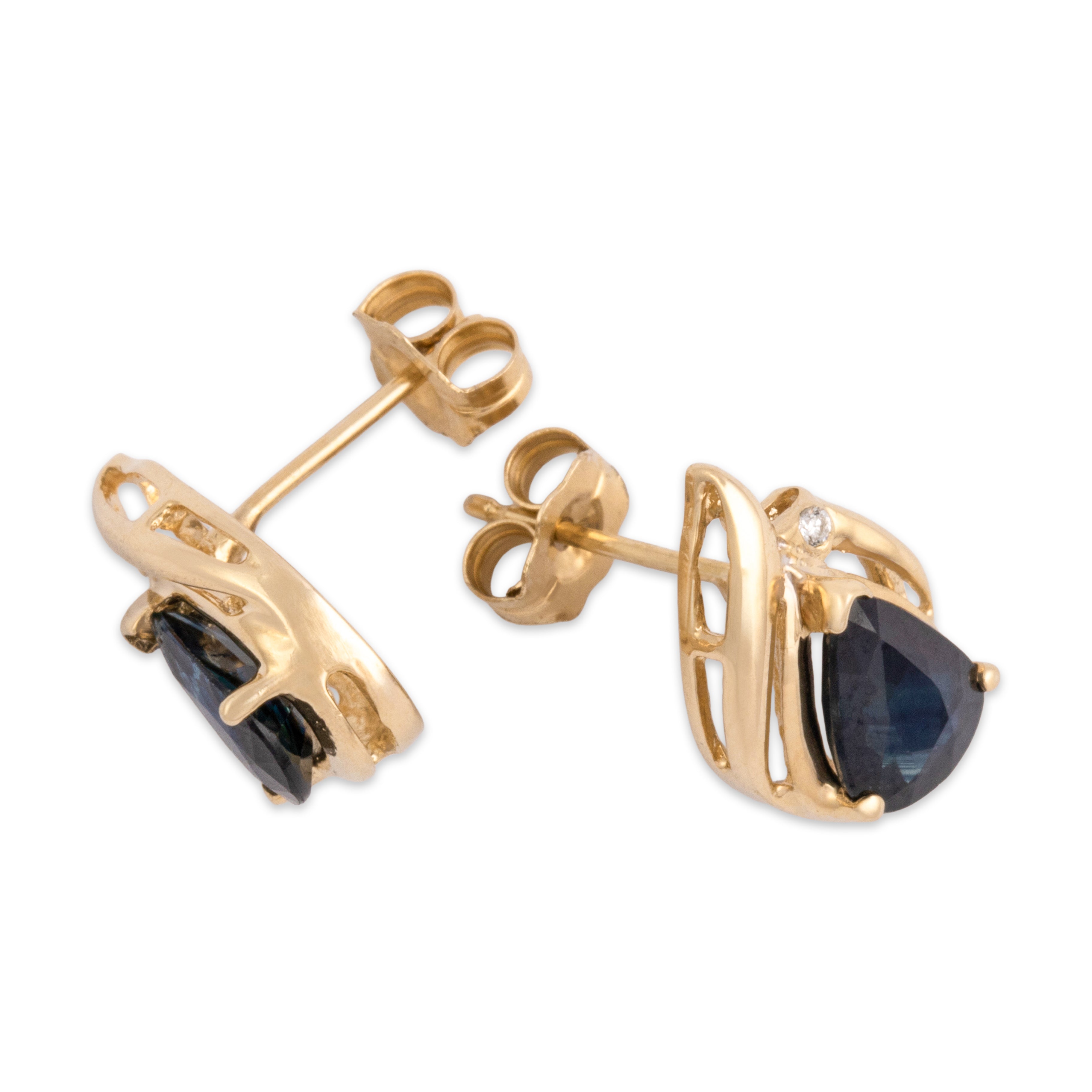 Vintage 14k Yellow Gold 1.33cttw Dark Blue Sapphire Diamond Sweeping Drop Stud Earrings - Side view