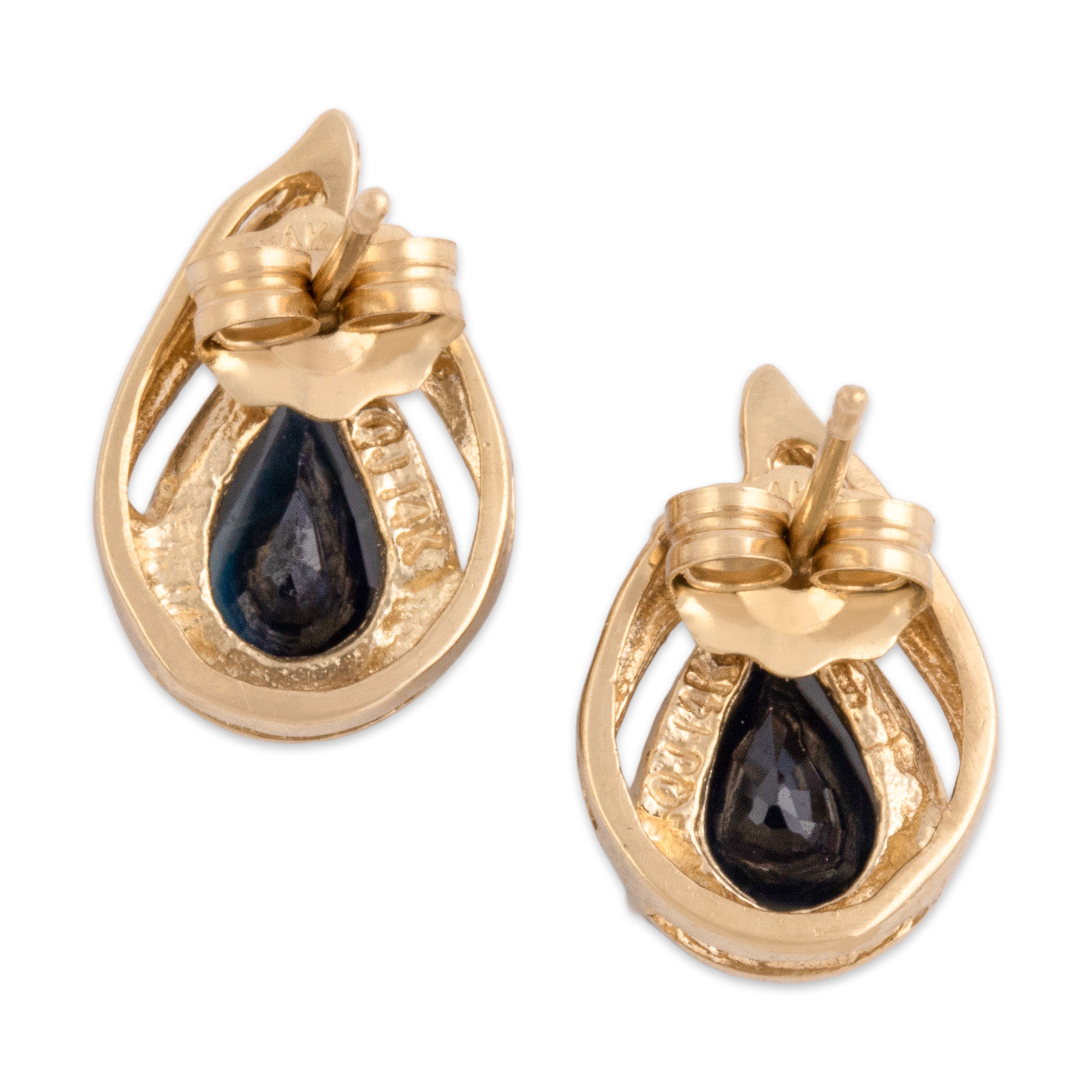 Vintage 14k Yellow Gold 1.33cttw Dark Blue Sapphire Diamond Sweeping Drop Stud Earrings - Back view