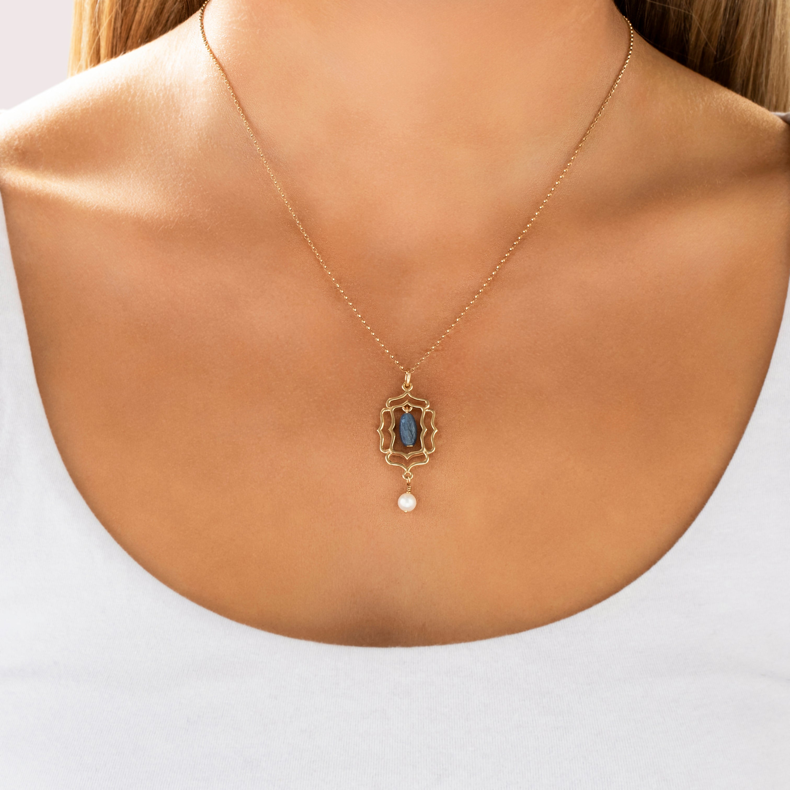 Vintage 14k Yellow Gold 1.86ct Kyanite Pearl Quatrefoil Double Dangle Pendant - On model view