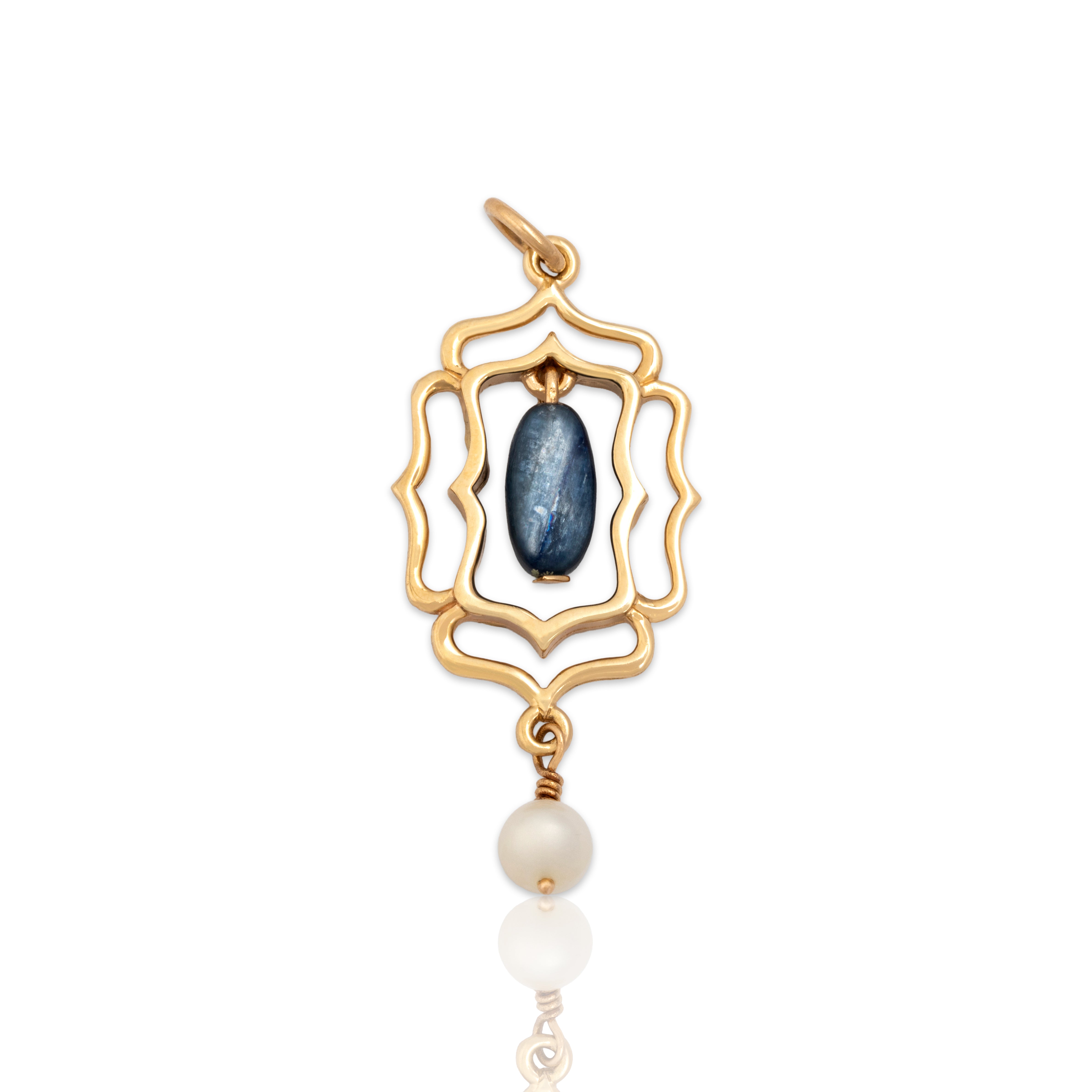 Vintage 14k Yellow Gold 1.86ct Kyanite Pearl Quatrefoil Double Dangle Pendant - Close-up view