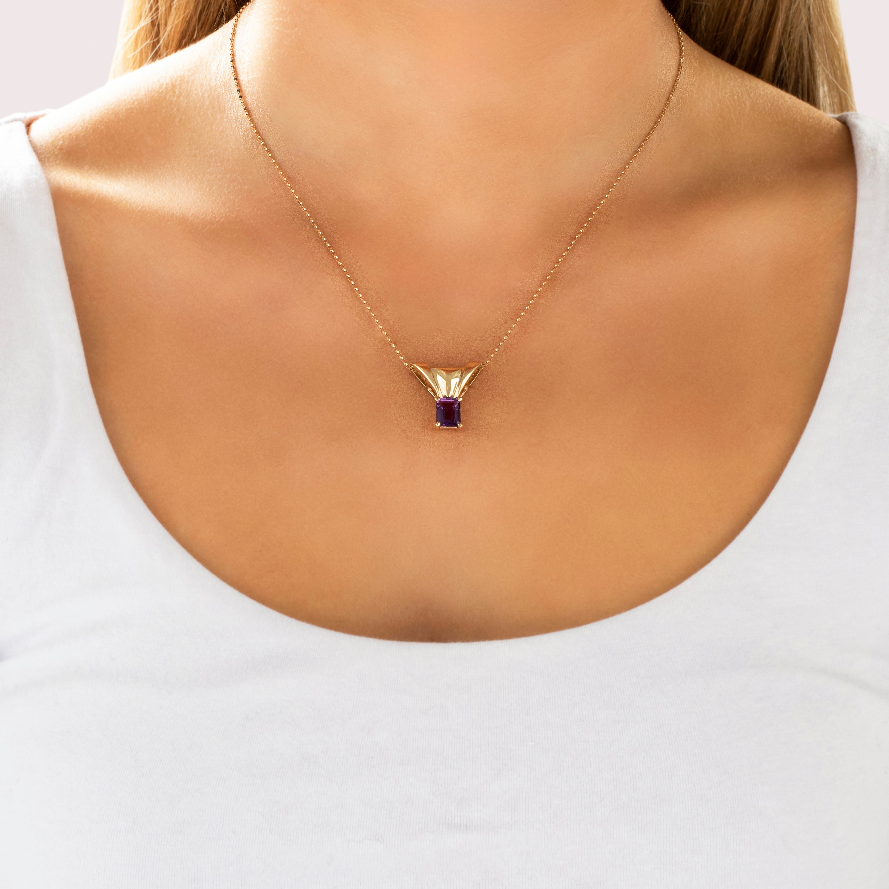 Vintage 14k Yellow Gold Amethyst Regal Royal Purple Solitaire Slide Pendant - On model view