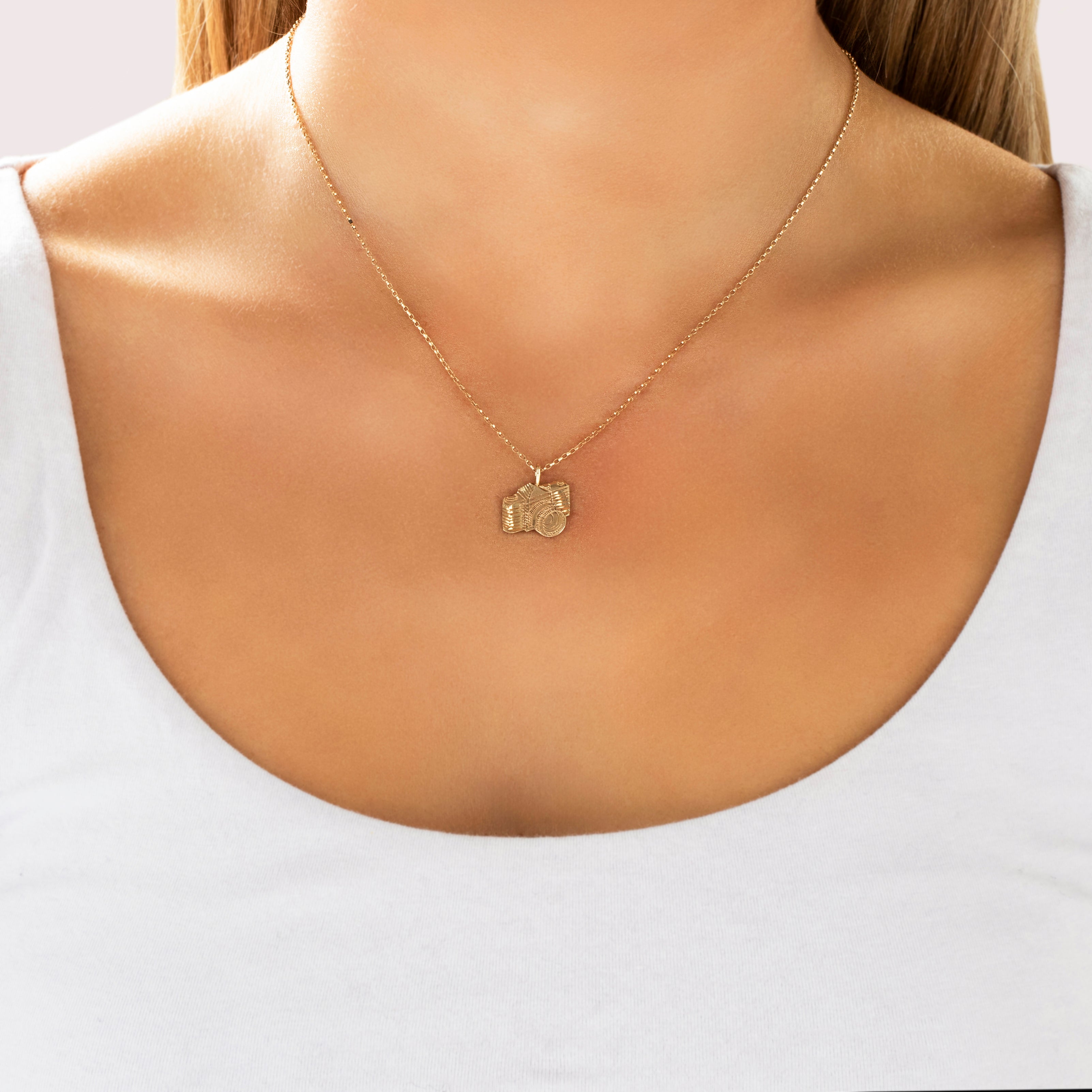 Vintage 14k Yellow Gold Chic Textured Camera Pendant - On model view