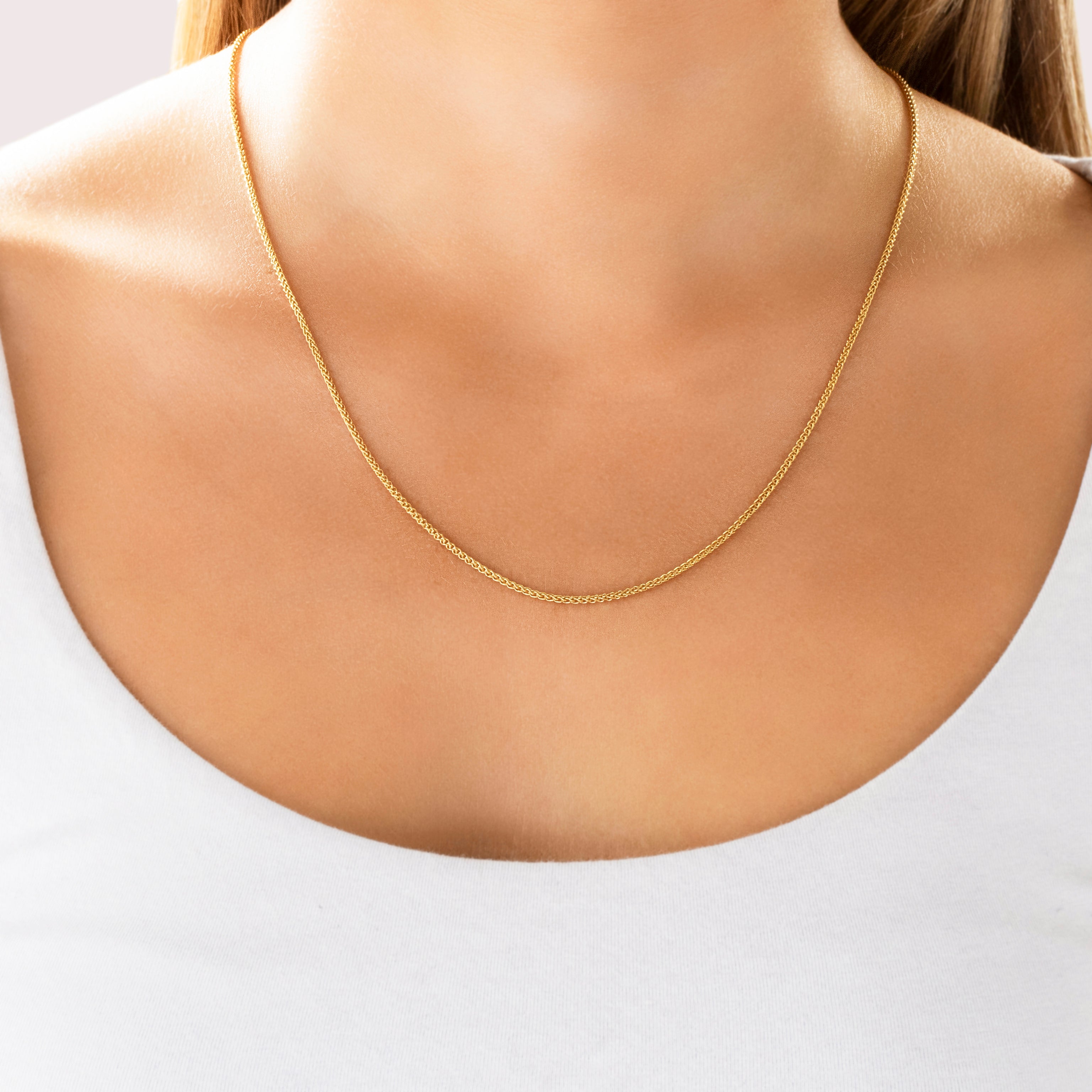 Vintage 14k Yellow Gold Sleek Wheat Chain Necklace - On model view