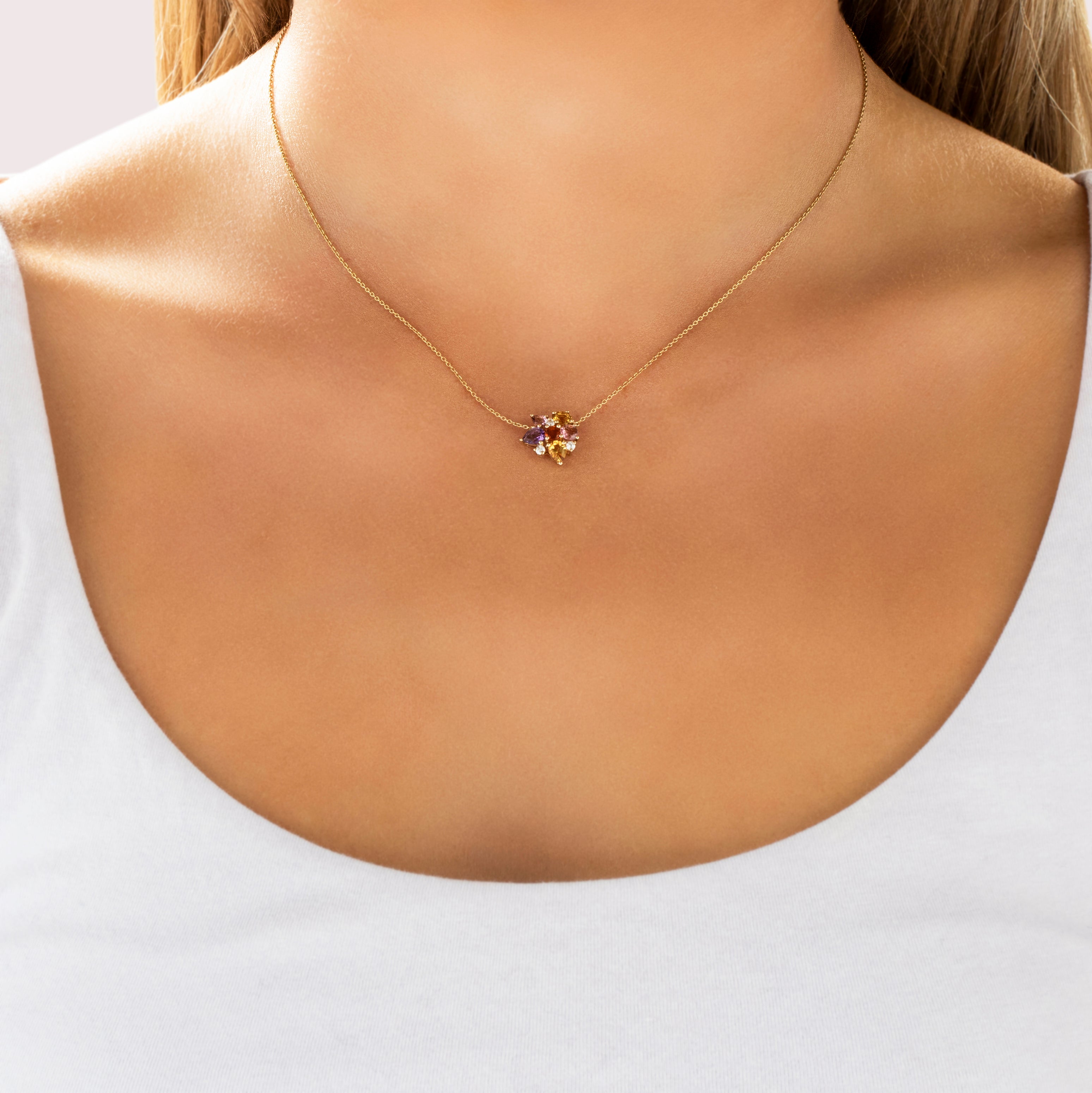 Estate 14k Yellow Gold .54cttw Citrine Amethyst Pink Quartz Pink Tourmaline Diamond Artistic Multi-Cut Cluster Necklace - On model view