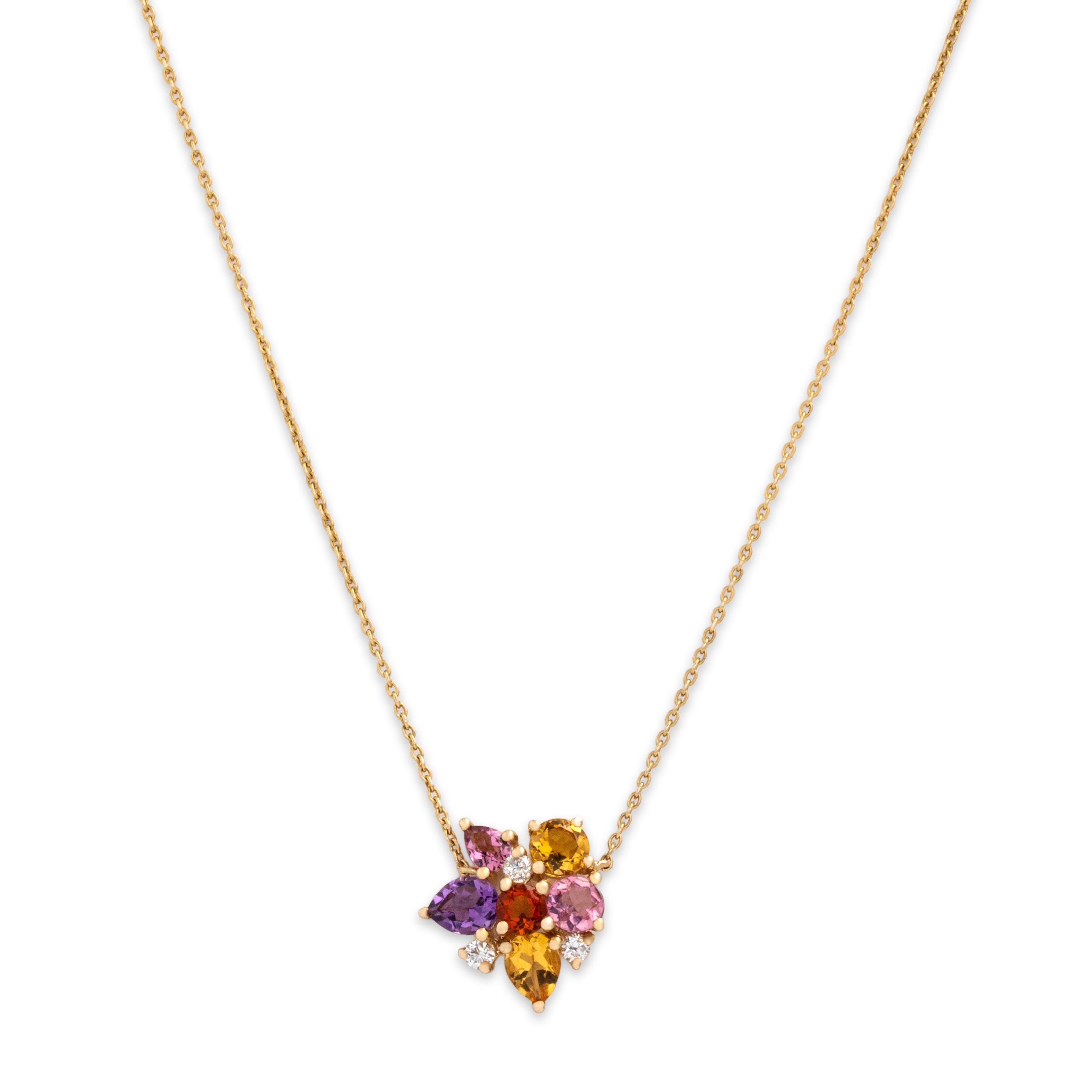Estate 14k Yellow Gold .54cttw Citrine Amethyst Pink Quartz Pink Tourmaline Diamond Artistic Multi-Cut Cluster Necklace - Close-up view
