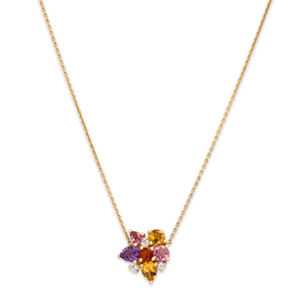 Estate 14k Yellow Gold Multistone Colorful Cluster Necklace 16.25