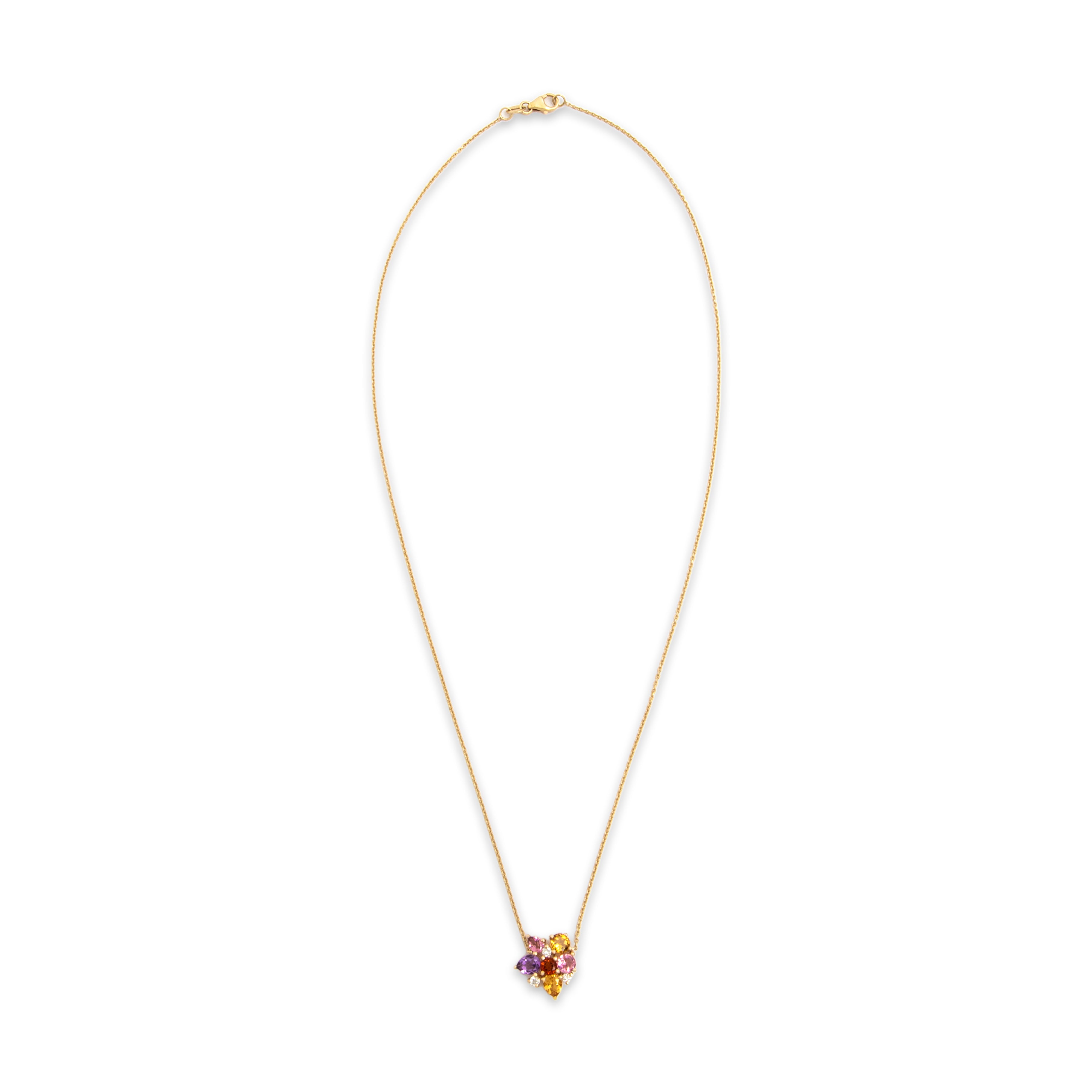 Estate 14k Yellow Gold .54cttw Citrine Amethyst Pink Quartz Pink Tourmaline Diamond Artistic Multi-Cut Cluster Necklace - Overall view
