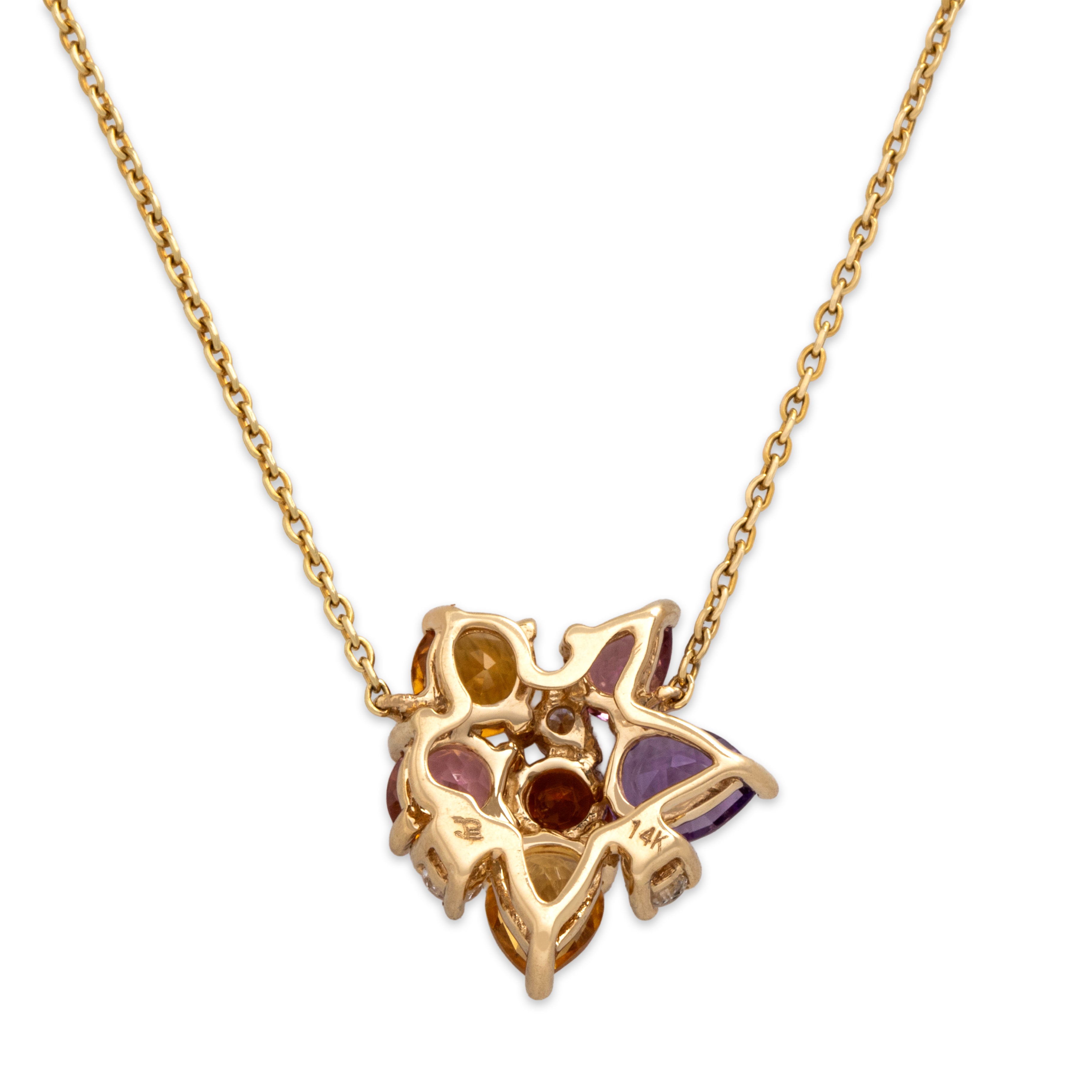 Estate 14k Yellow Gold .54cttw Citrine Amethyst Pink Quartz Pink Tourmaline Diamond Artistic Multi-Cut Cluster Necklace - Back view