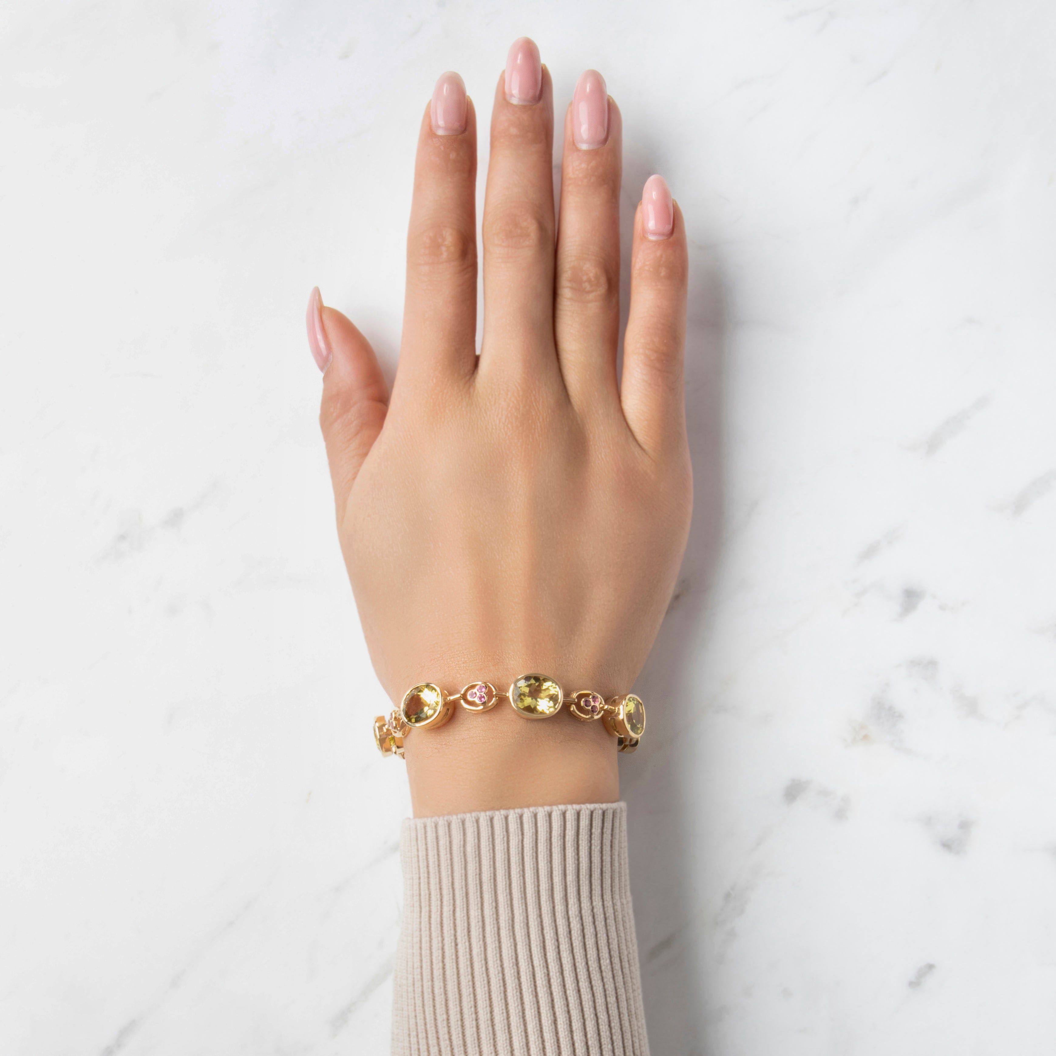 Vintage Heavy 14k Yellow Gold 27.6cttw Lemon Quartz .72cttw Pink Garnet Superb Floral Detail Bracelet - On model view