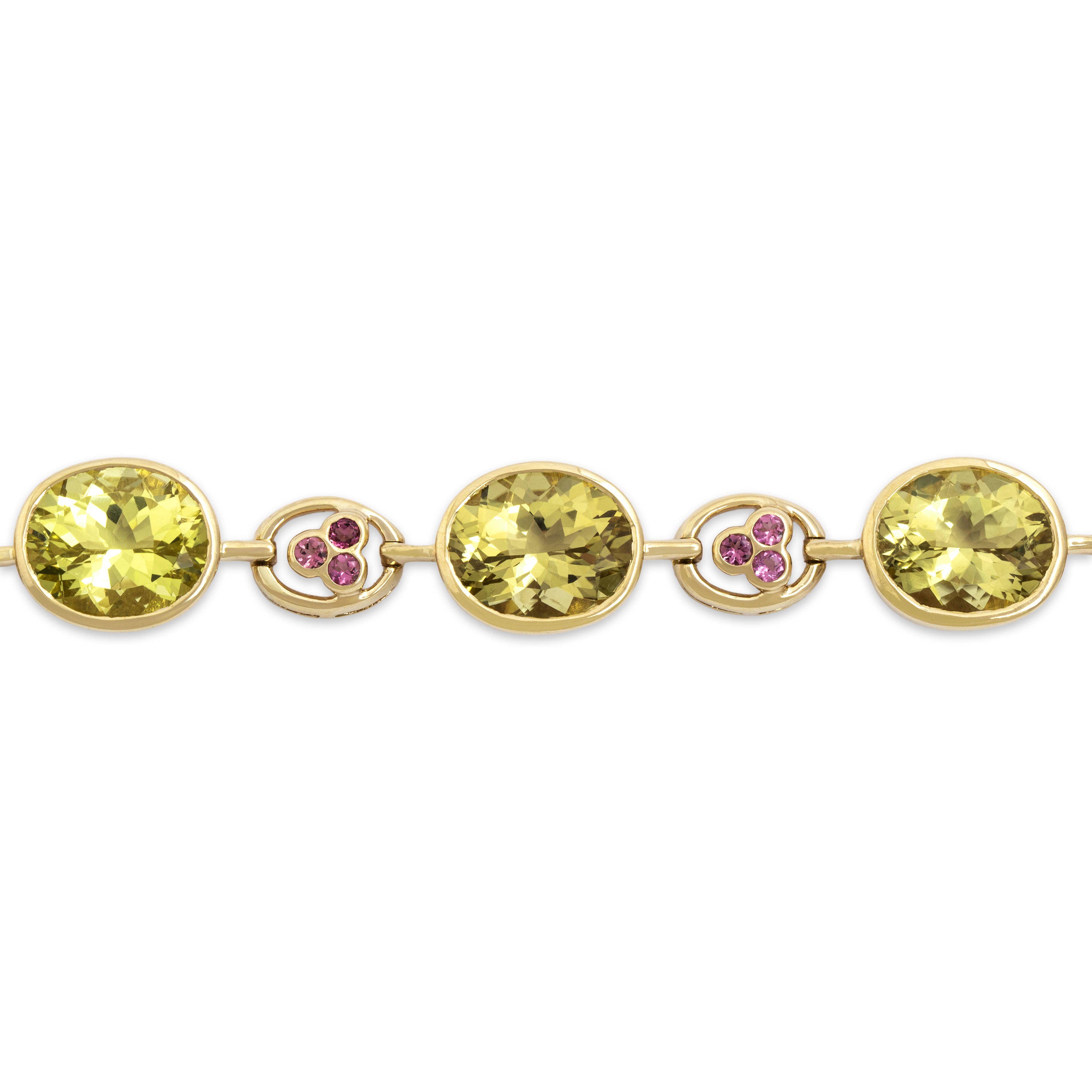 Vintage 14k Yellow Gold 27.6cttw Lemon Quartz Pink Garnet Floral Toggle Bracelet 7