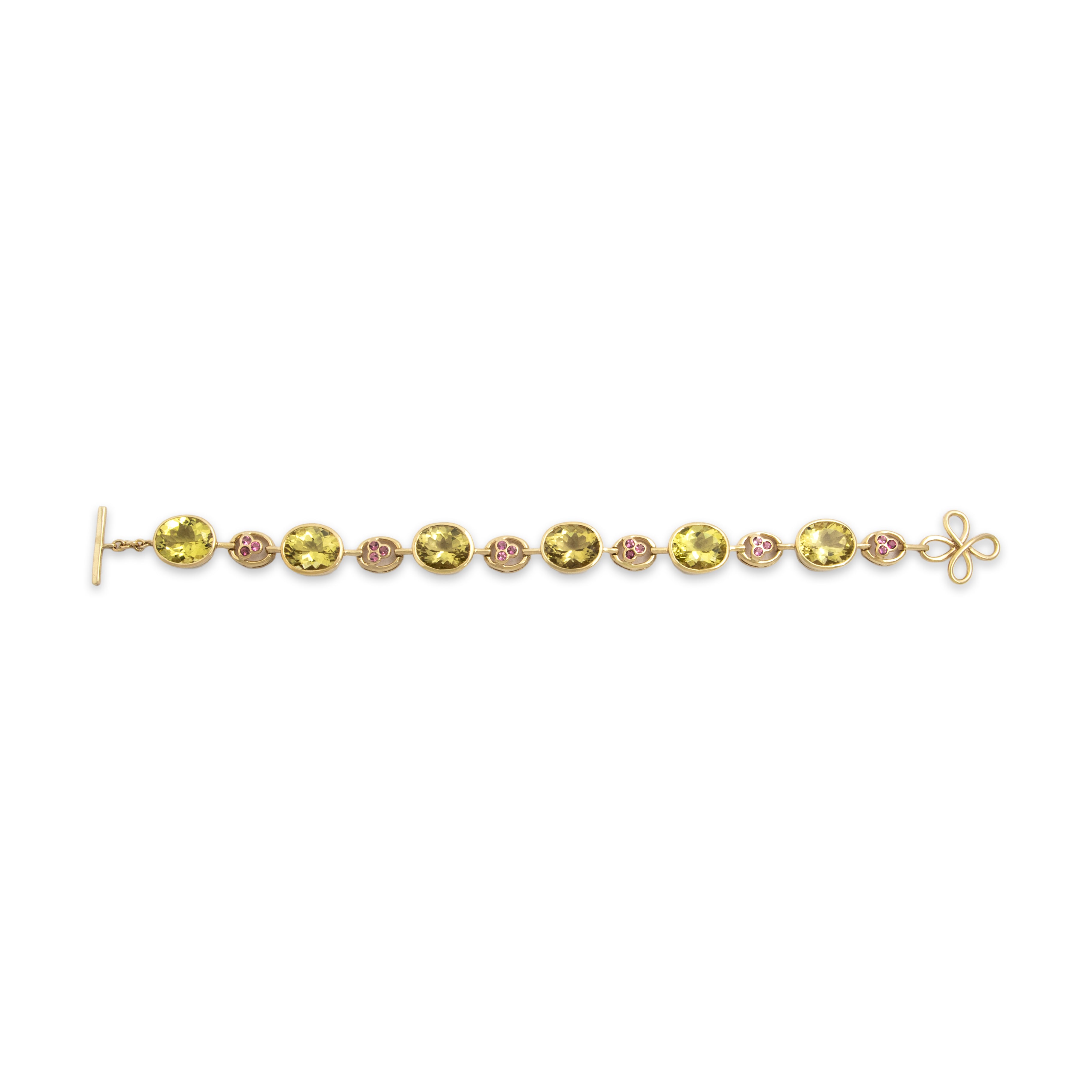 Vintage Heavy 14k Yellow Gold 27.6cttw Lemon Quartz .72cttw Pink Garnet Superb Floral Detail Bracelet - Overall view