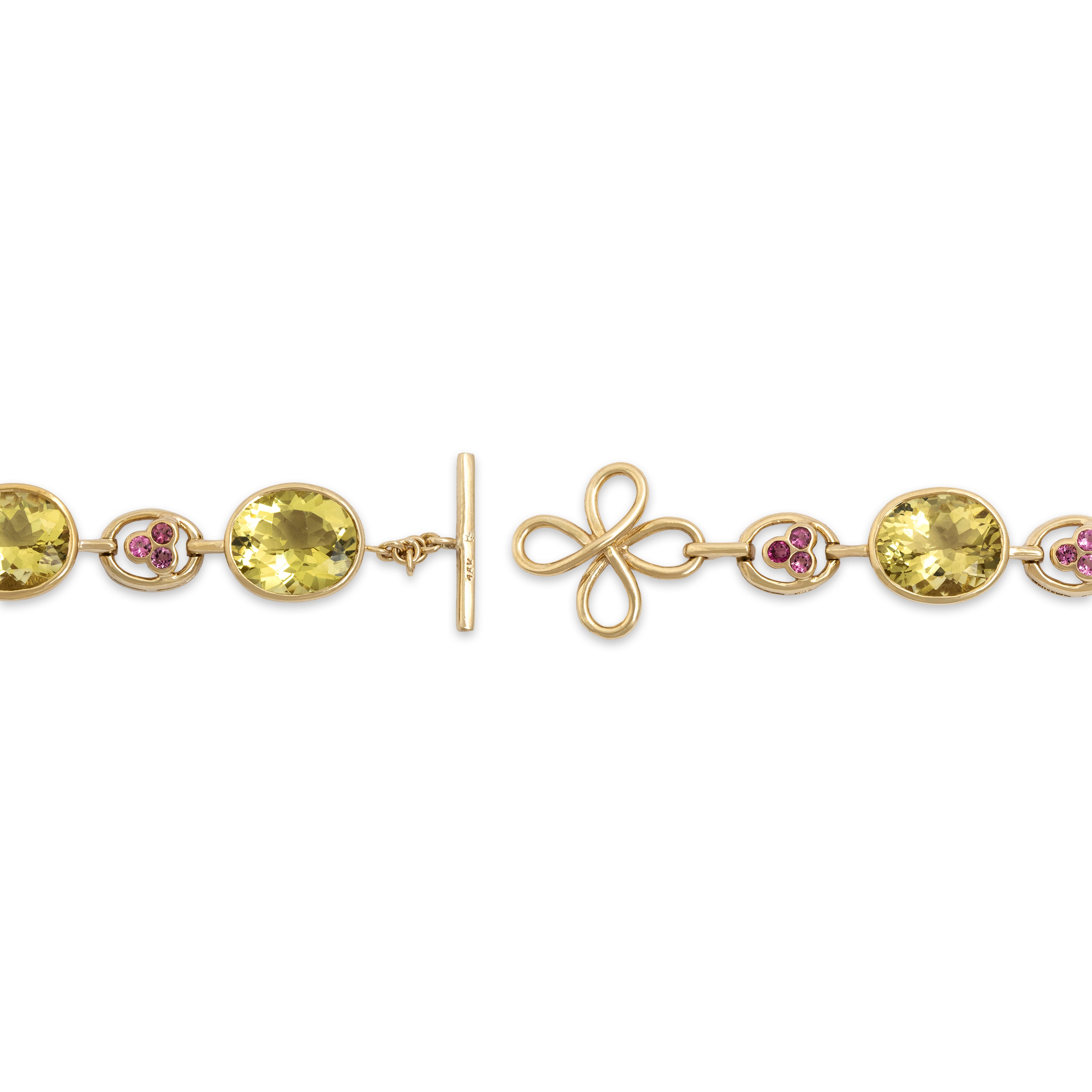 Vintage Heavy 14k Yellow Gold 27.6cttw Lemon Quartz .72cttw Pink Garnet Superb Floral Detail Bracelet - clasp view