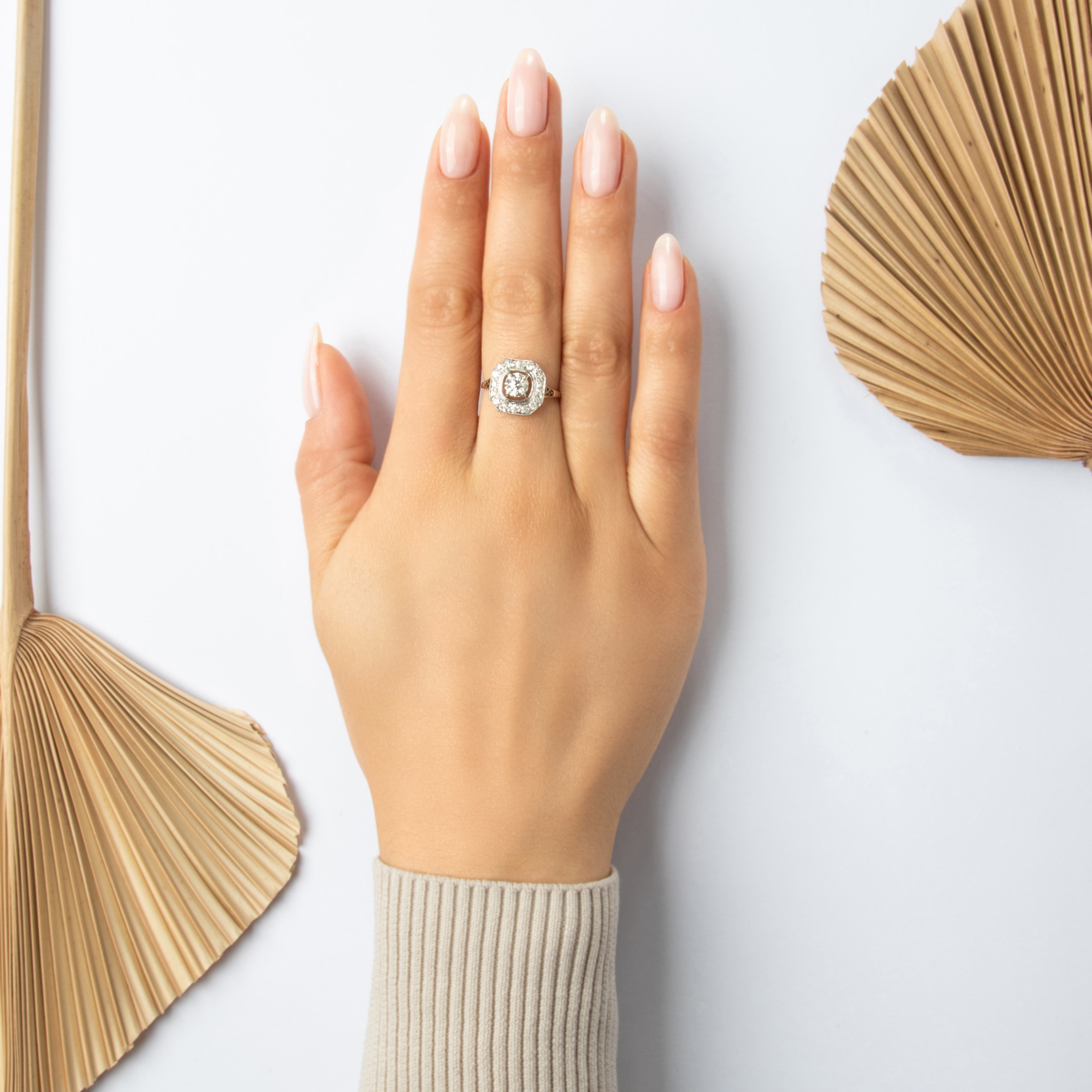 Antique 14k Yellow Gold & Platinum [Custom Carat] Superb Octagonal Open Ring  - On model view