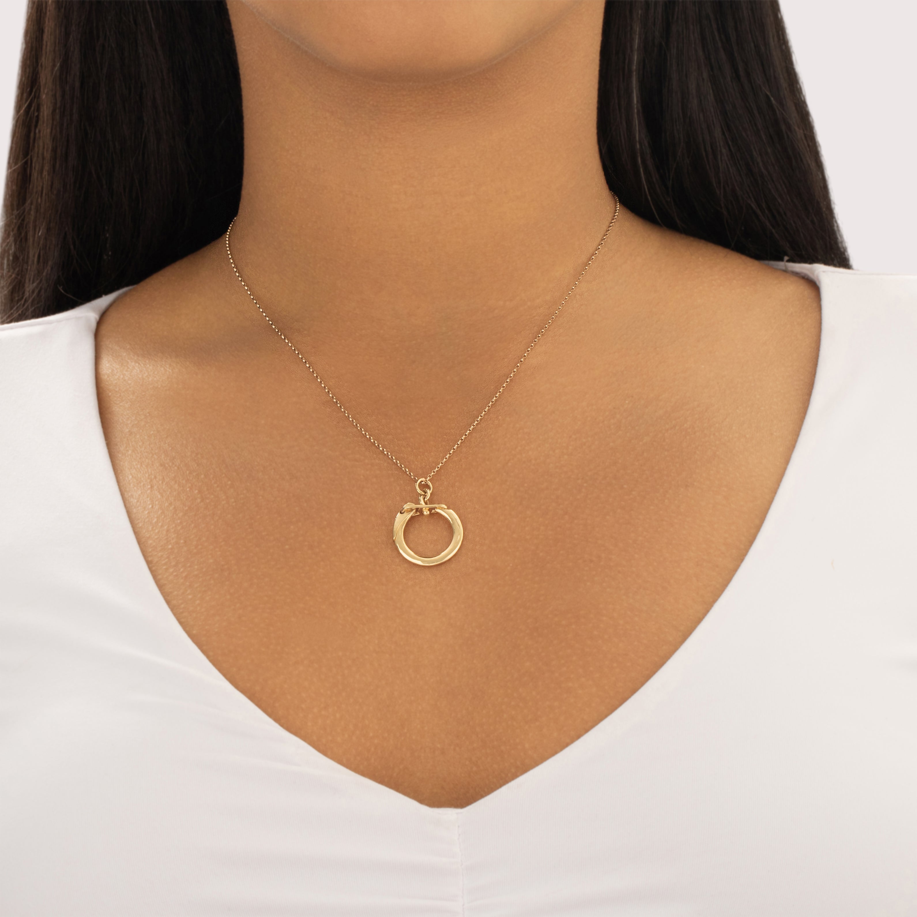 Vintage Italian 18k Yellow Gold Flip Down Gate Clasp Charm Holder Pendant - On model view