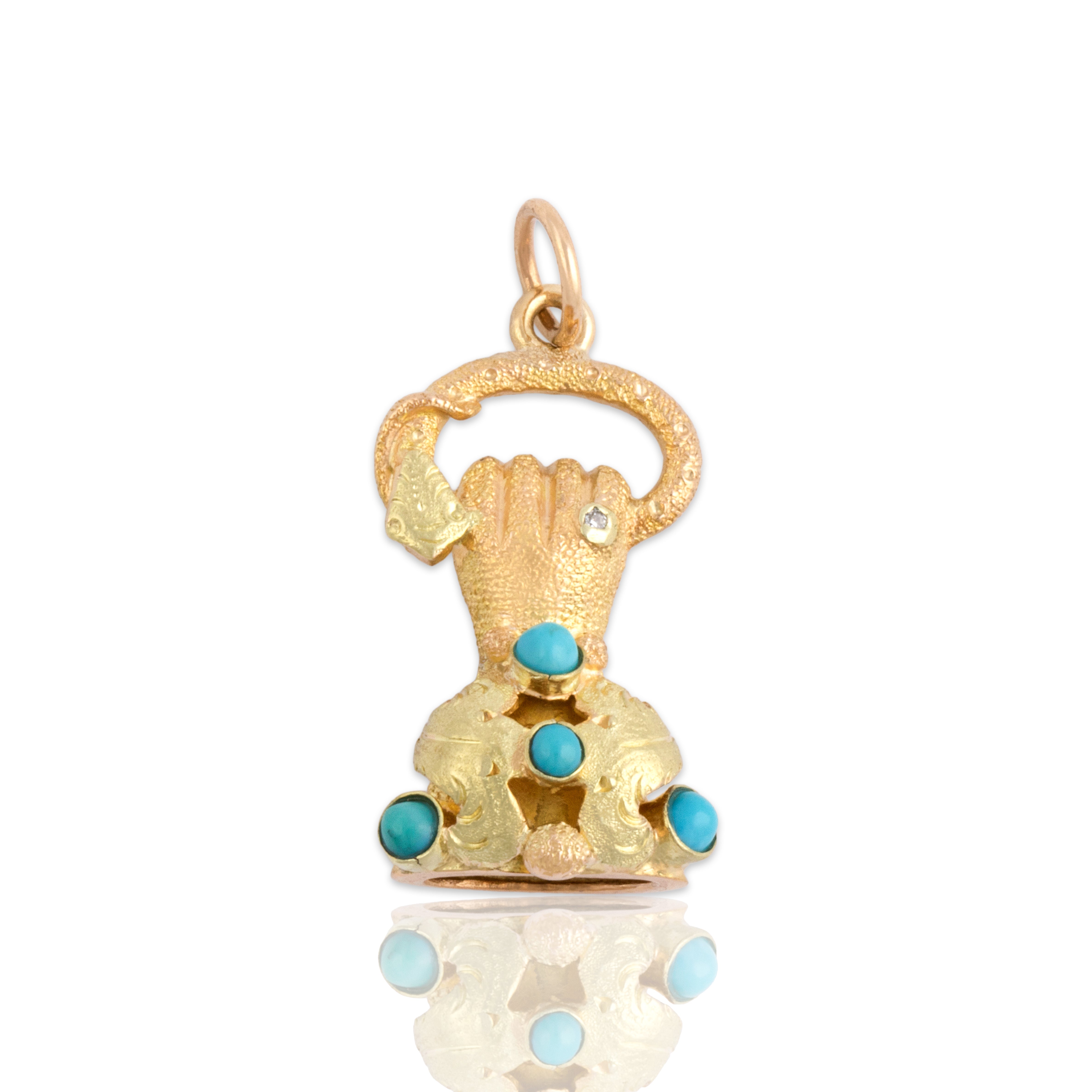Antique Victorian 14k Yellow & Rosy Yellow Gold Turquoise Diamond Incredible Grasping Hand Doorknocker Pendant - Close-up view