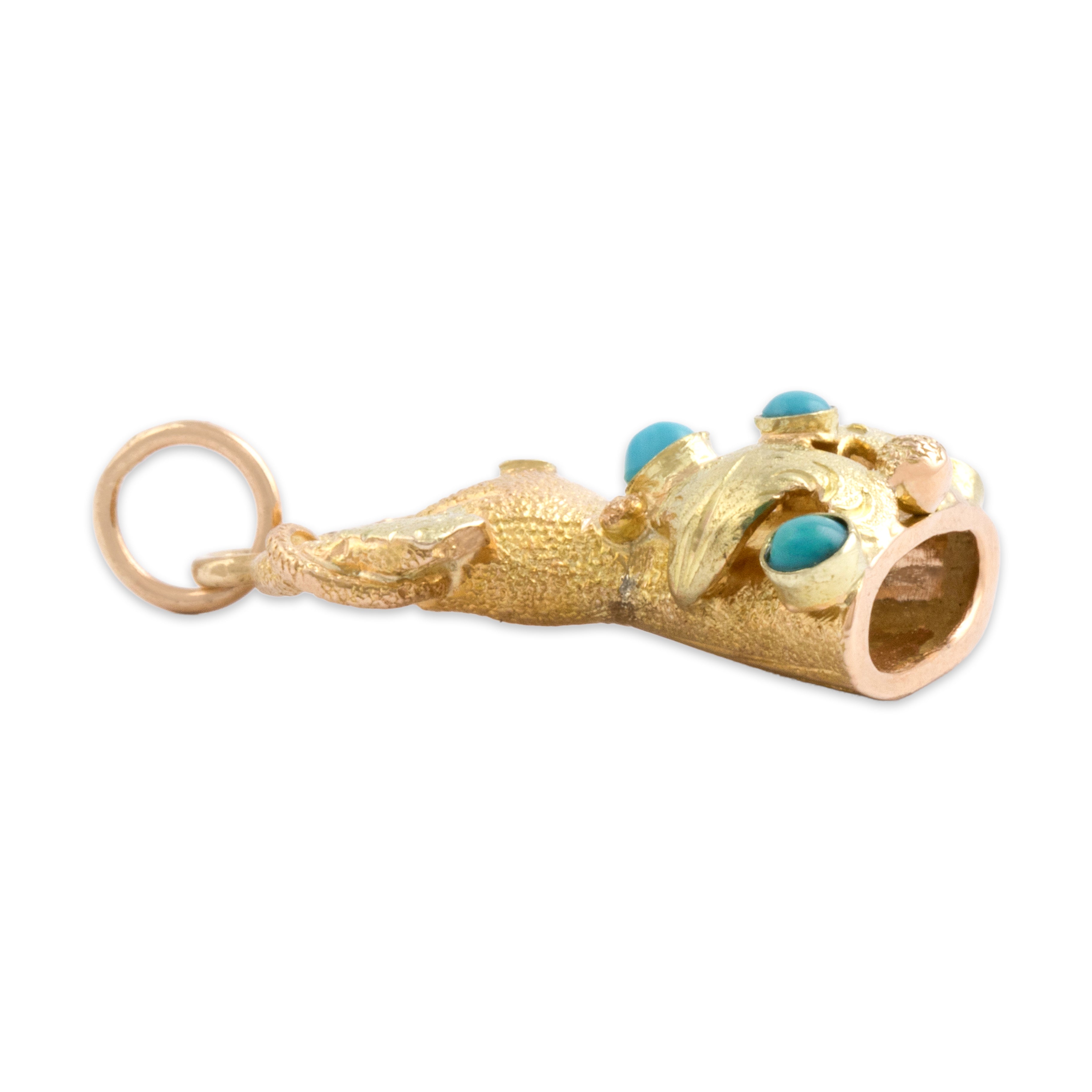 Antique Victorian 14k Yellow & Rosy Yellow Gold Turquoise Diamond Incredible Grasping Hand Doorknocker Pendant - Side view
