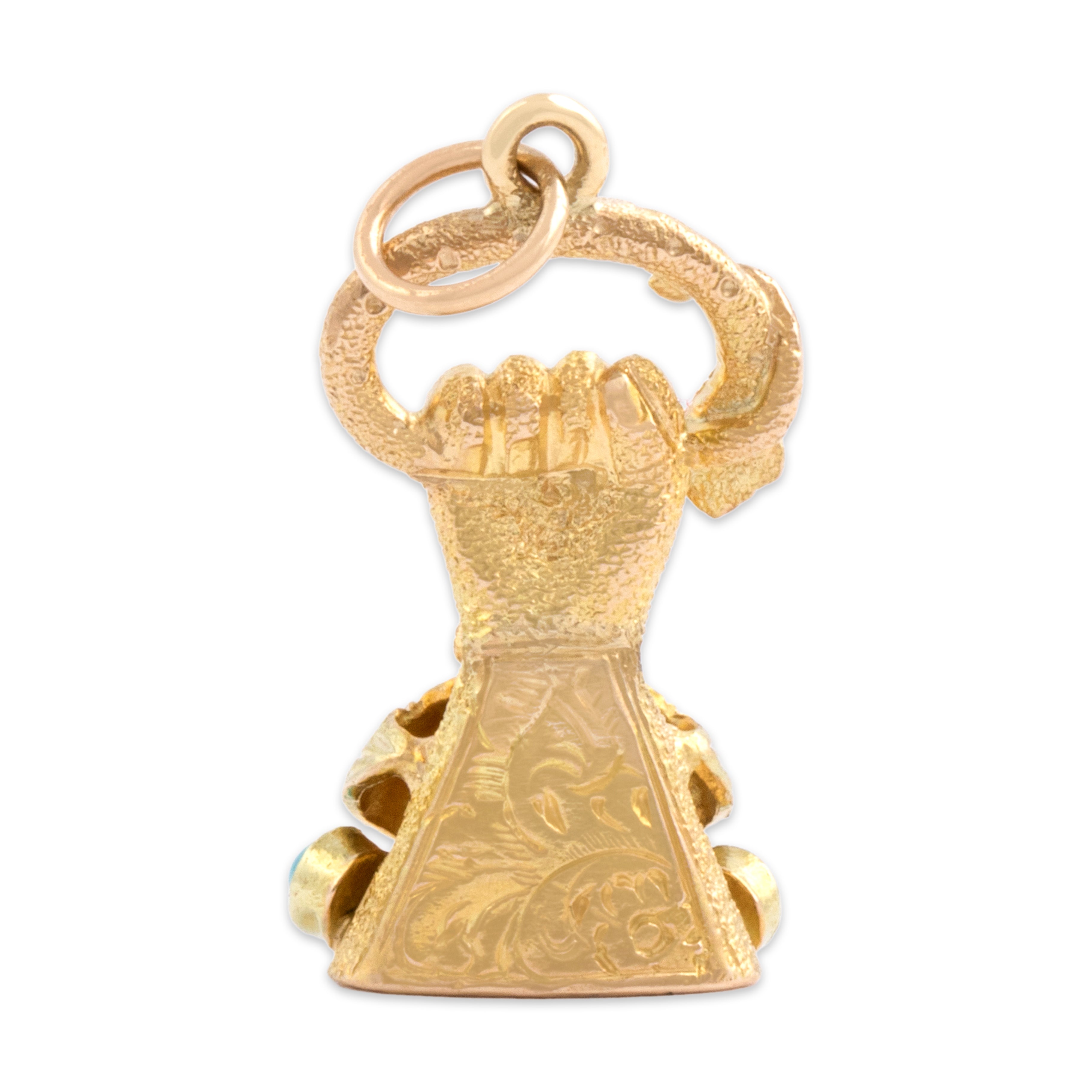 Antique Victorian 14k Yellow & Rosy Yellow Gold Turquoise Diamond Incredible Grasping Hand Doorknocker Pendant - Back view