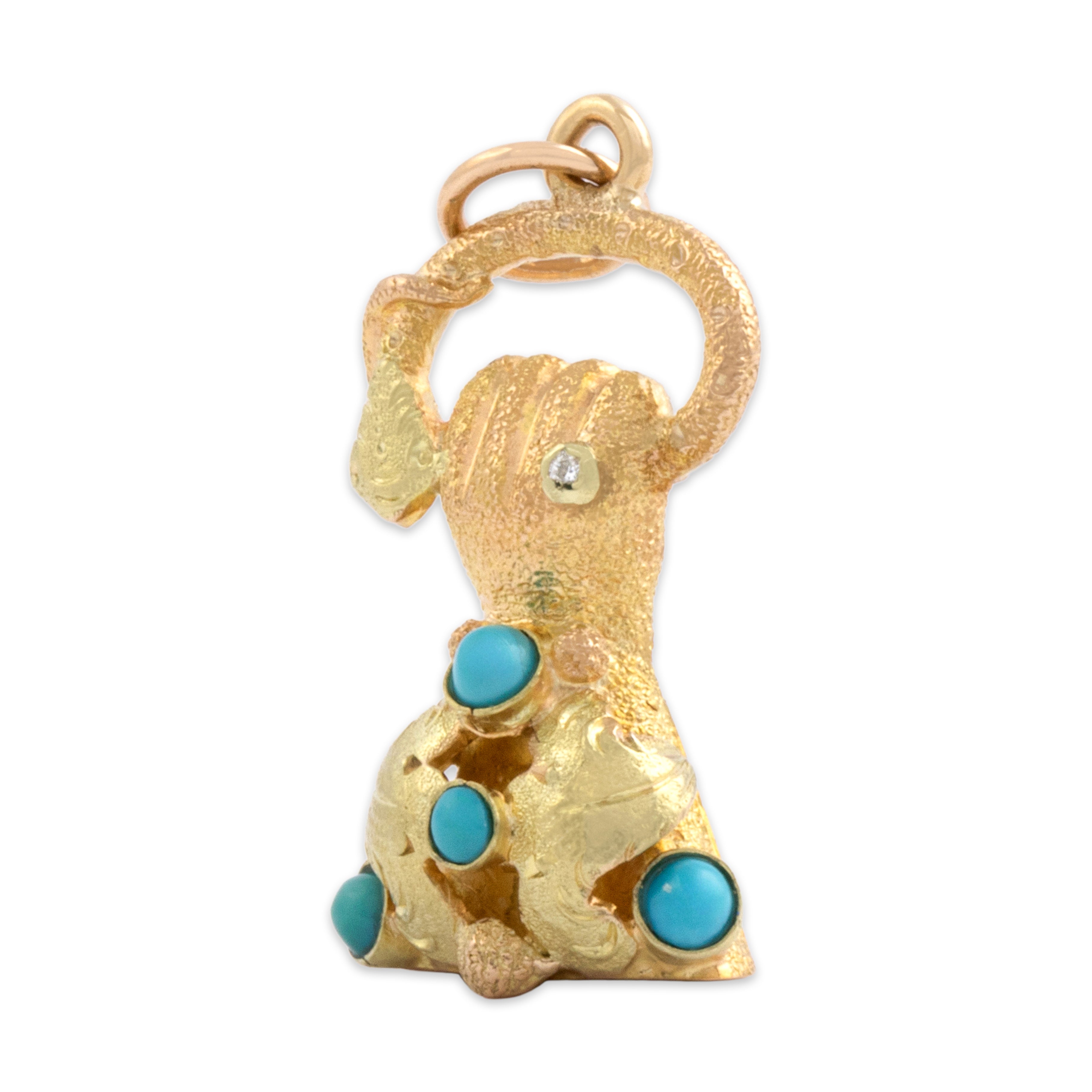 Antique Victorian 14k Yellow & Rosy Yellow Gold Turquoise Diamond Incredible Grasping Hand Doorknocker Pendant - detail view #2