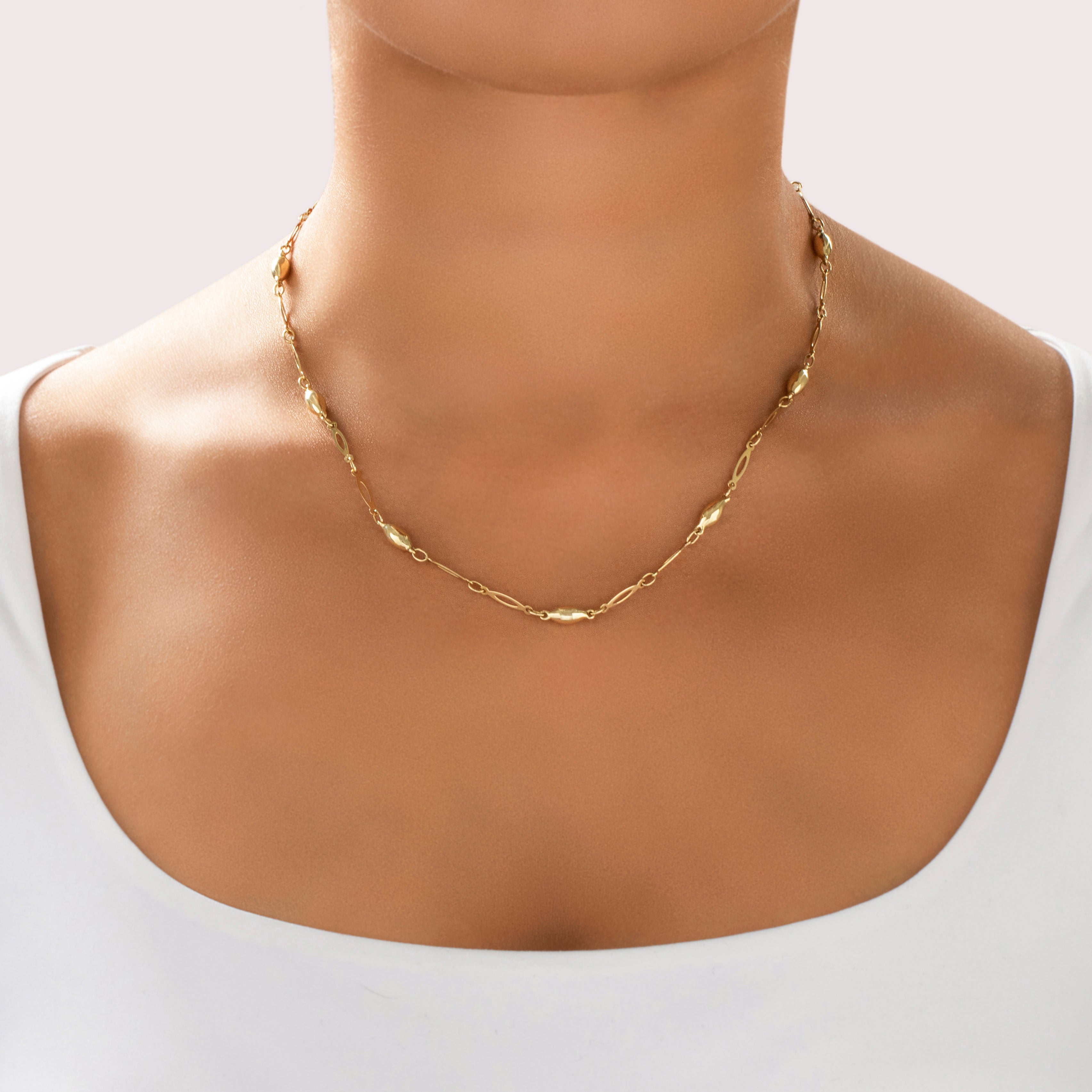 Vintage Italian 14k Yellow Gold Playful Navette Bubble Station Necklace - On model view