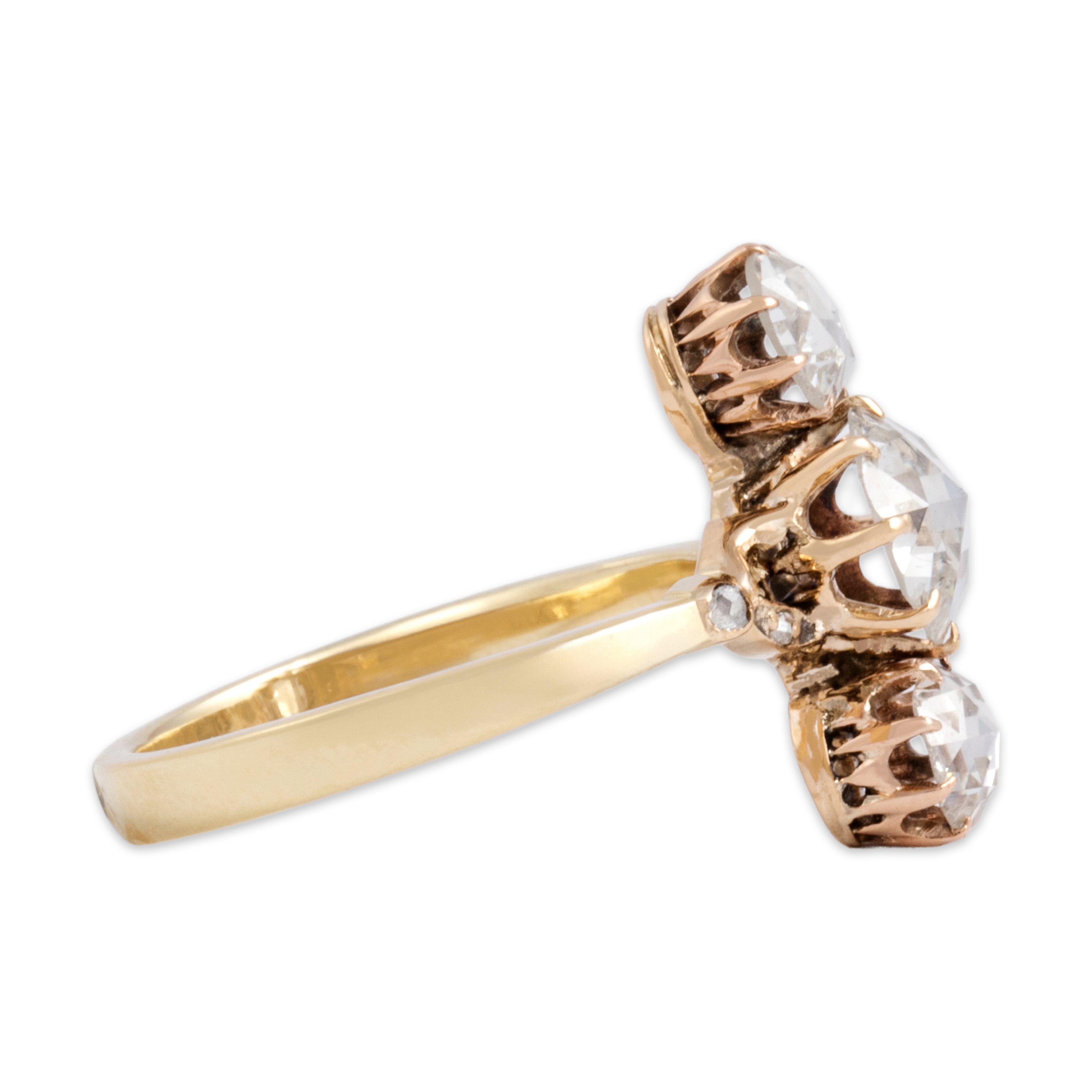Antique 14k Yellow & Rosy Yellow Gold 1.22cttw Diamond Unusual Glittering Stacked Trio Ring - Side view